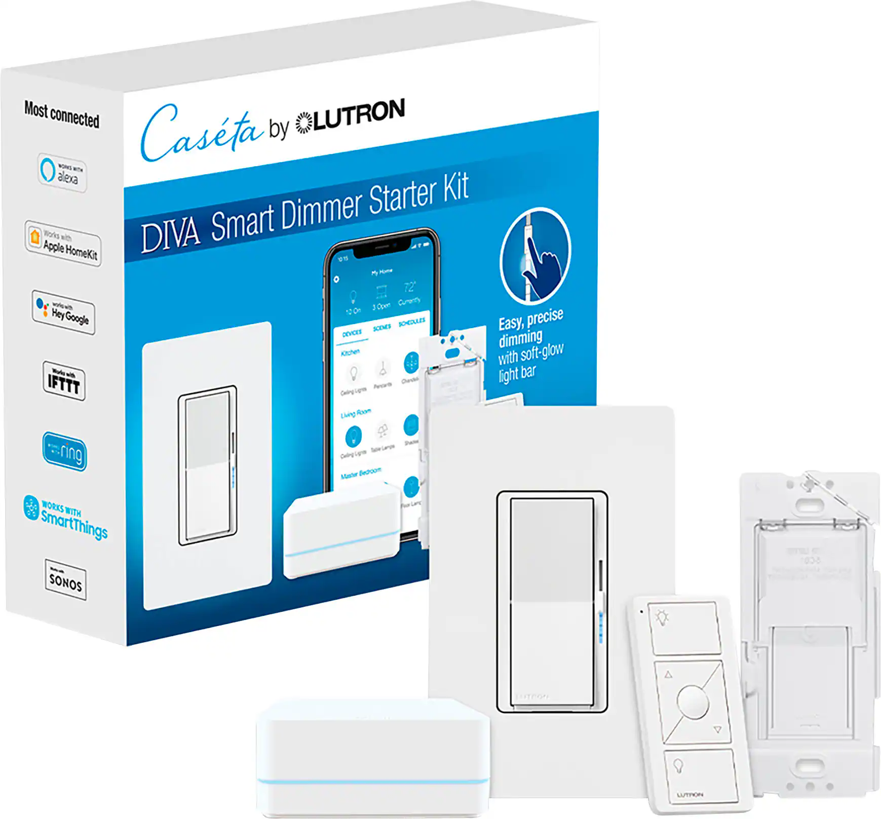 Caseta by Lutron - Smart Dimmer Starter Kit - Apple HomeKit, Google Home, and Alexa Compatible - Easy, Precise Dimming - Soft-Glow Ring - No Hub Required - SmartThings and IFTTT Compatible - White Packaging - Packaging may vary.
