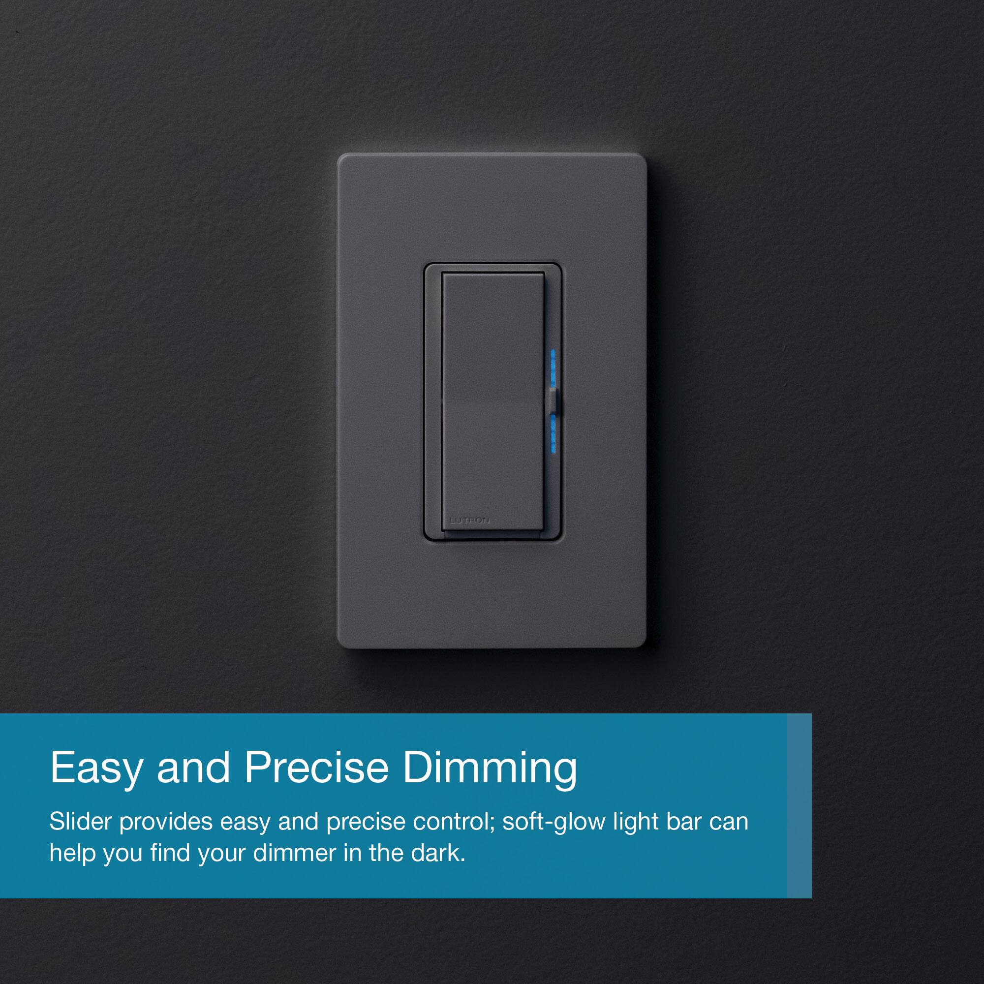 The text on the image reads: "Easy and Precise Dimming Slider provides easy and precise control; soft-glow light bar can help you find your dimmer in the dark."