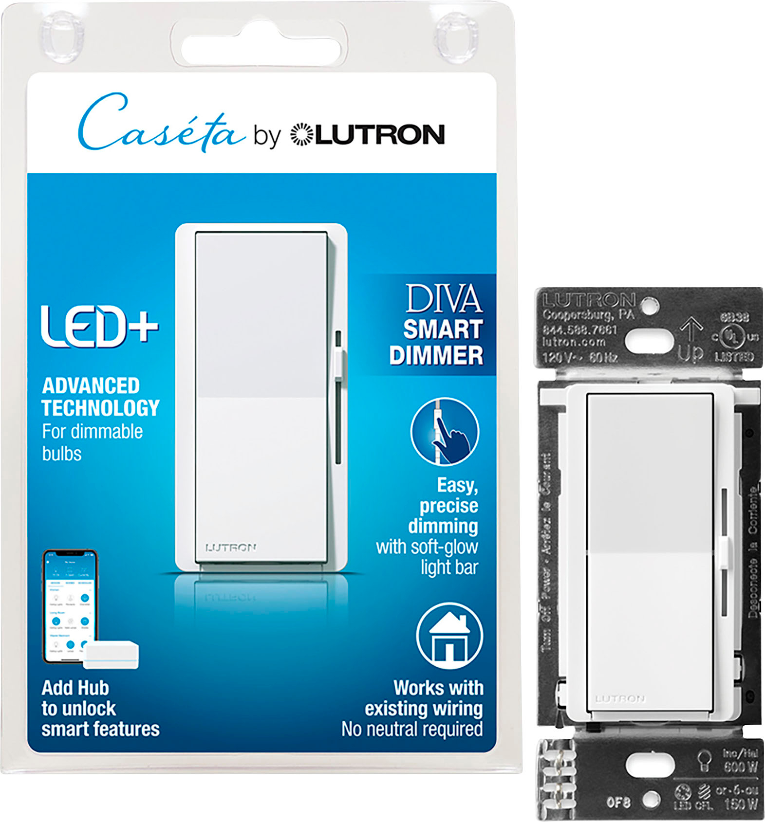 gips forklædning Atticus Lutron Diva Smart Dimmer Switch White DVRF-6L-WH-R - Best Buy
