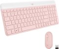 The image features a pink Logitech keyboard and mouse. The keyboard is white and pink, with a clean and modern design. The mouse is also pink and matches the keyboard's color scheme. The keyboard has a full set of keys, including function keys, and is suitable for both home and office use. The mouse is designed for easy navigation and is compatible with the keyboard.