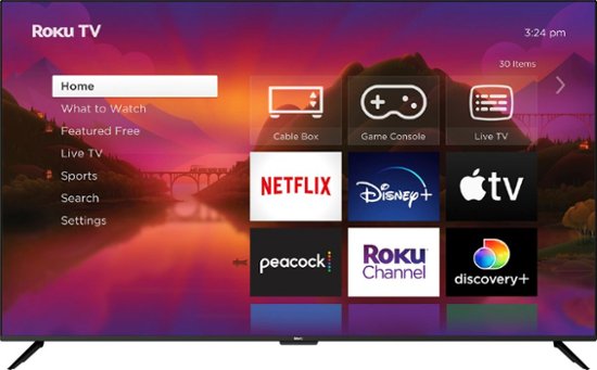 The image features a large Roku TV screen with various streaming channels displayed on it. The channels include Netflix, Disney+, Live TV, Sports, and Streaming Store. The TV screen is set to the Home screen, which shows the available options for users to watch or explore. The Roku TV is prominently displayed in the image, highlighting its features and capabilities.