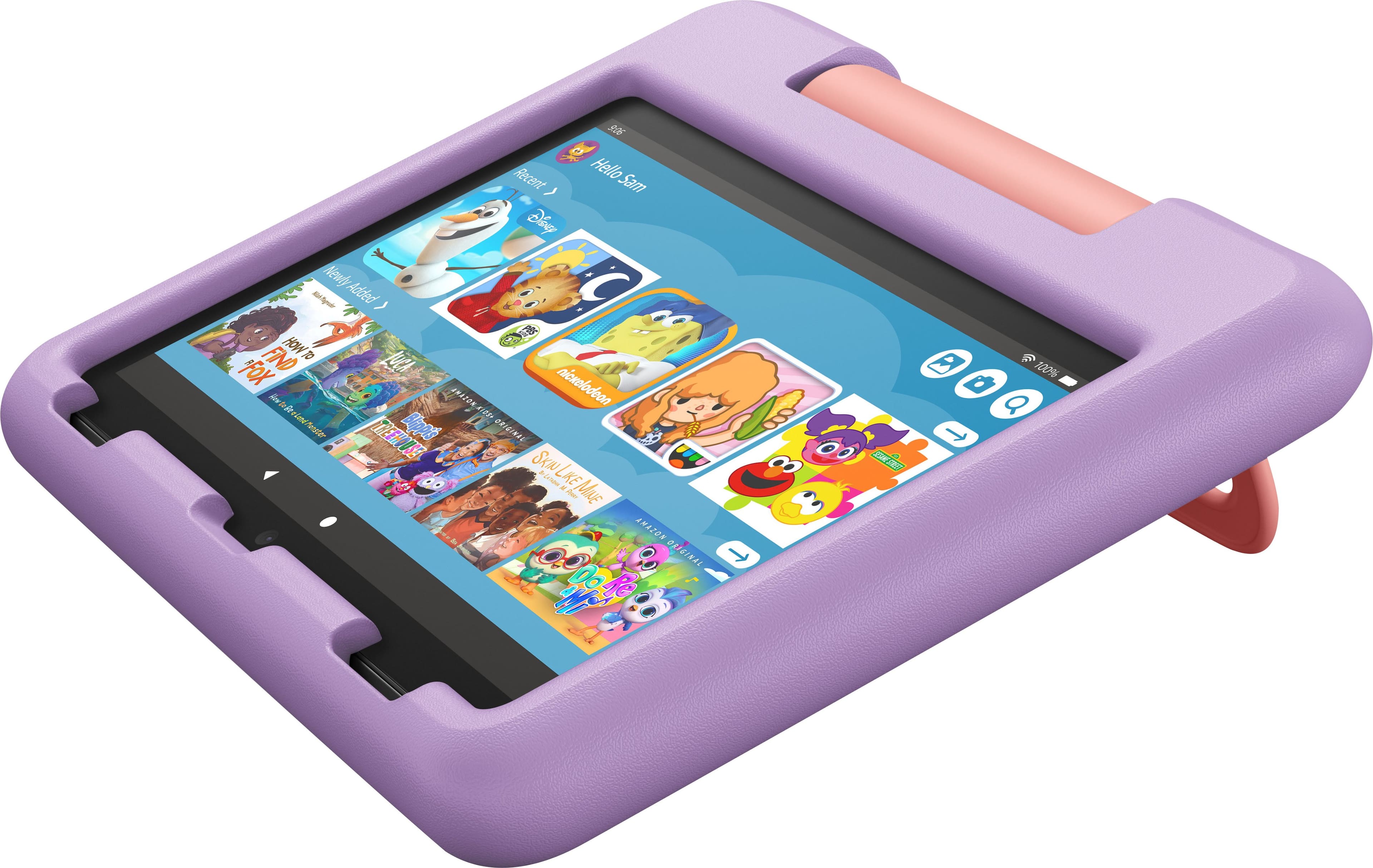 Angle. Amazon - Fire HD 8 Kids Ages 3-7 (2022) 8" HD tablet with Wi-Fi 32 GB - Purple.