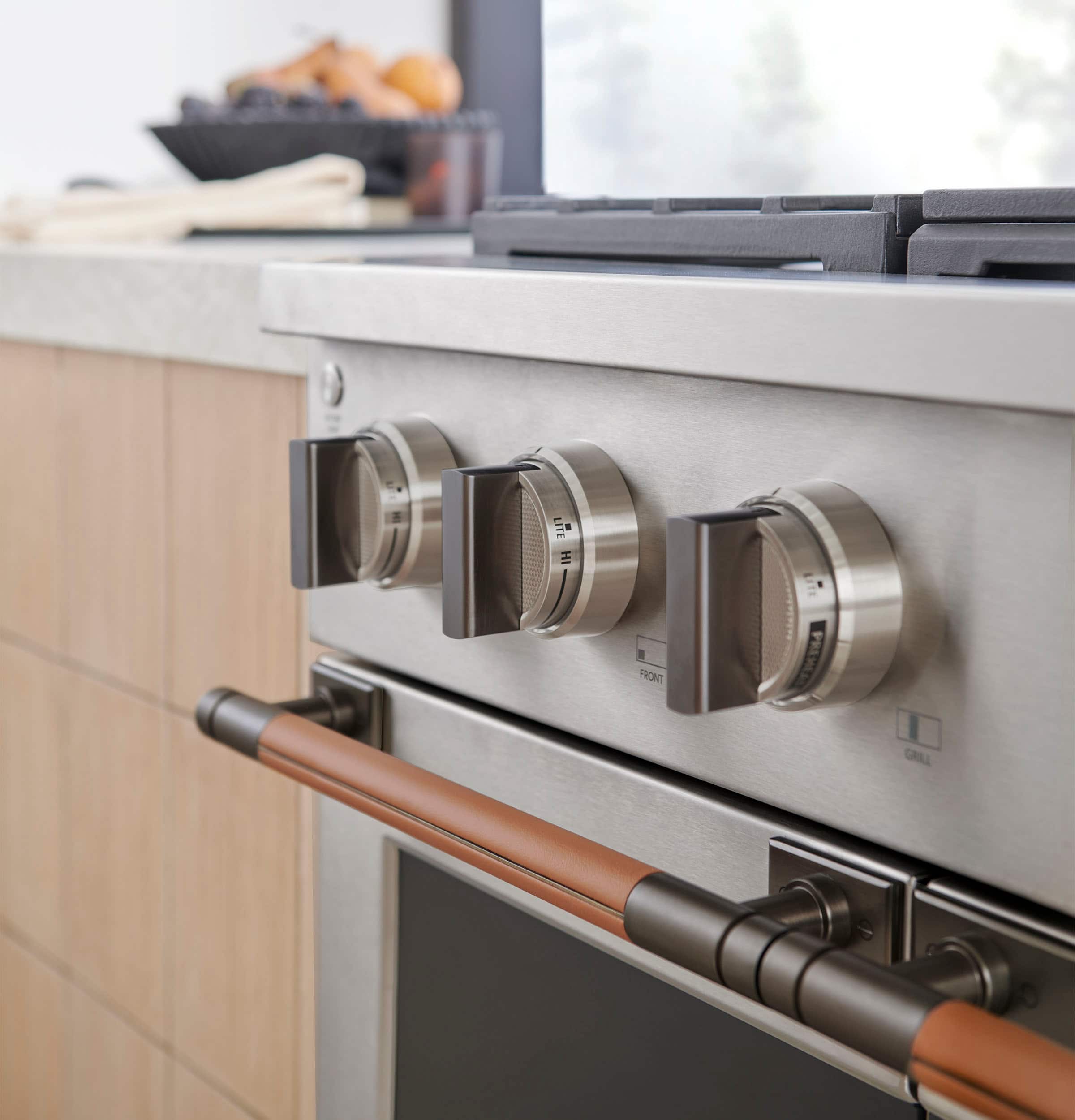 Left. Monogram - The Designer Collection Handle for 36" Pro Range - Titanium.