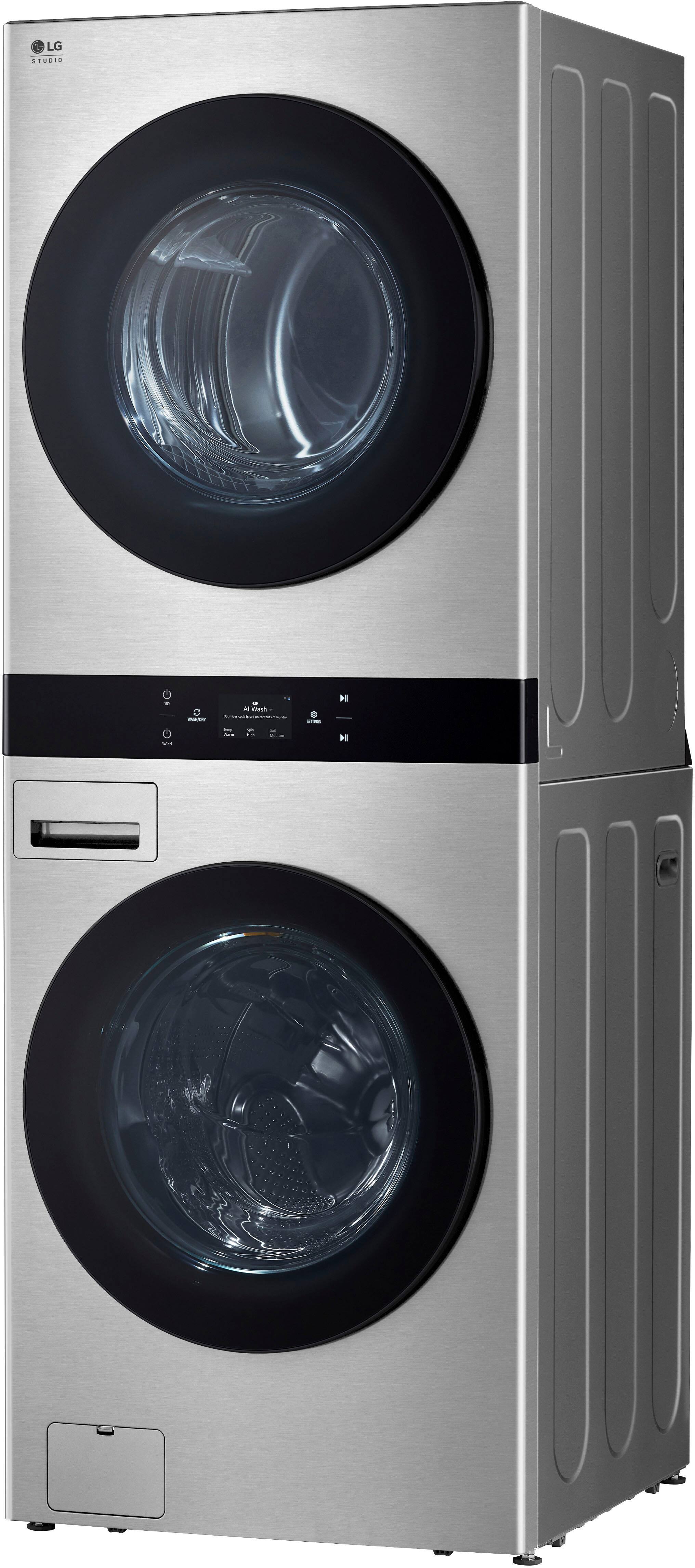 Left. LG - STUDIO 5.0 Cu. Ft. HE Smart Front Load Washer and 7.4 Cu. Ft. Electric Dryer WashTower with Steam and TurboWash 360 - Noble Steel.