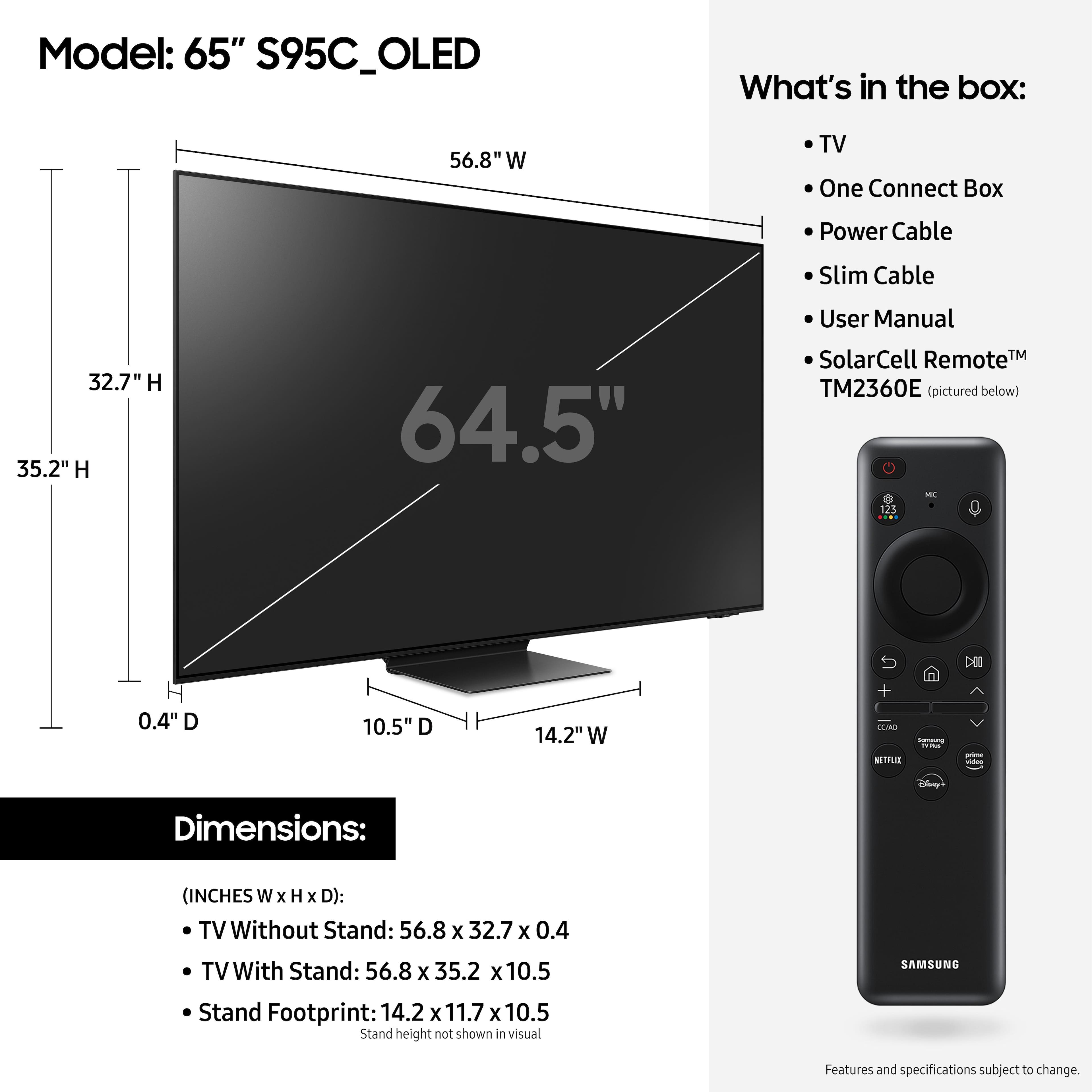 The image features a large flat screen TV, which is a 65" S95C OLED model. The TV is placed on a stand, and the dimensions of the TV without the stand are 56.8 x 32.7 x 0.4 inches. The TV with the stand is 56.8 x 35.2 x 10.5 inches. The stand's footprint is 14.2 x 11.7 x 10.5 inches. The TV is accompanied by a remote control, which is placed to the right of the TV. The image also includes a solar cell remote, which is located at the bottom right corner of the TV.