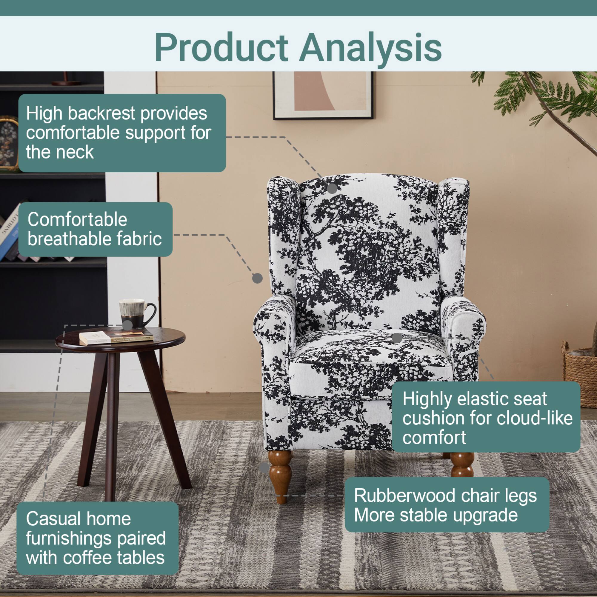 Product Analysis

- High backrest provides comfortable support for the neck
- Comfortable breathable fabric
- Highly elastic seat cushion for cloud-like comfort
- Casual home furnishings paired with coffee tables
- Rubberwood chair legs More stable upgrade