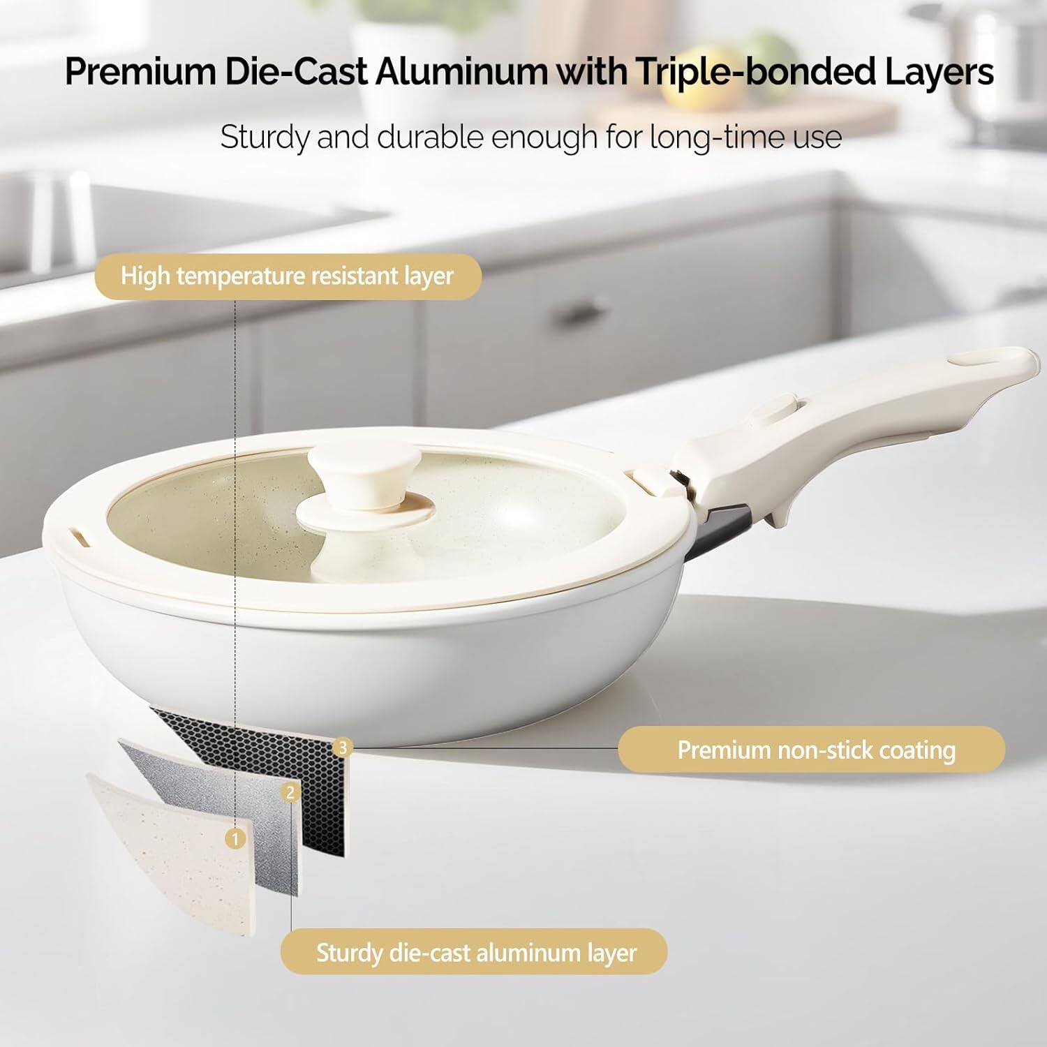 Premium Die-Cast Aluminum with Triple-bonded Layers

Sturdy and durable enough for long-time use

1. Sturdy die-cast aluminum layer
2. High temperature resistant layer
3. Premium non-stick coating