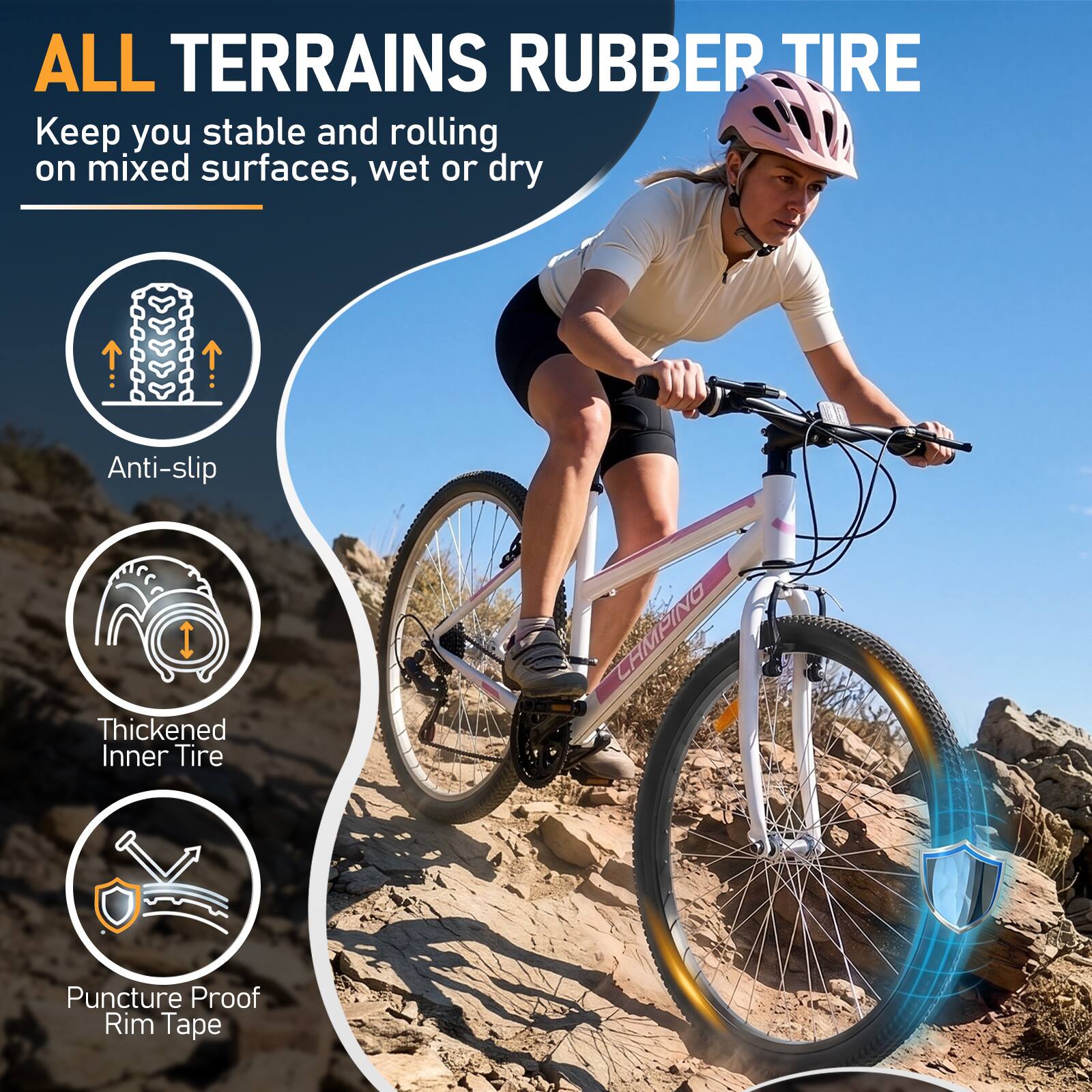 ALL TERRAINS RUBBER TIRE  
Keep you stable and rolling on mixed surfaces, wet or dry

- Anti-slip
- Thickened Inner Tire
- Puncture Proof Rim Tape