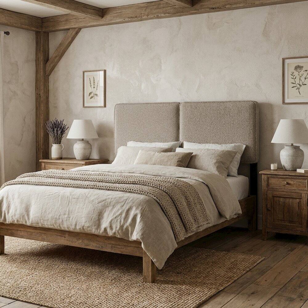 Angle. FurniFact - Boucle Fabric King Headboard in Soft Neutral, Padded Upholstery, Durable Frame - Beige.