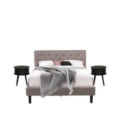 East West Furniture - NL14Q-2GO11 3 Piece Bedroom Set - 1 Queen Size Bed Brown Taupe Velvet Fabric Headboard and 2 Nightstand - Black Finish - Taupe Brown
