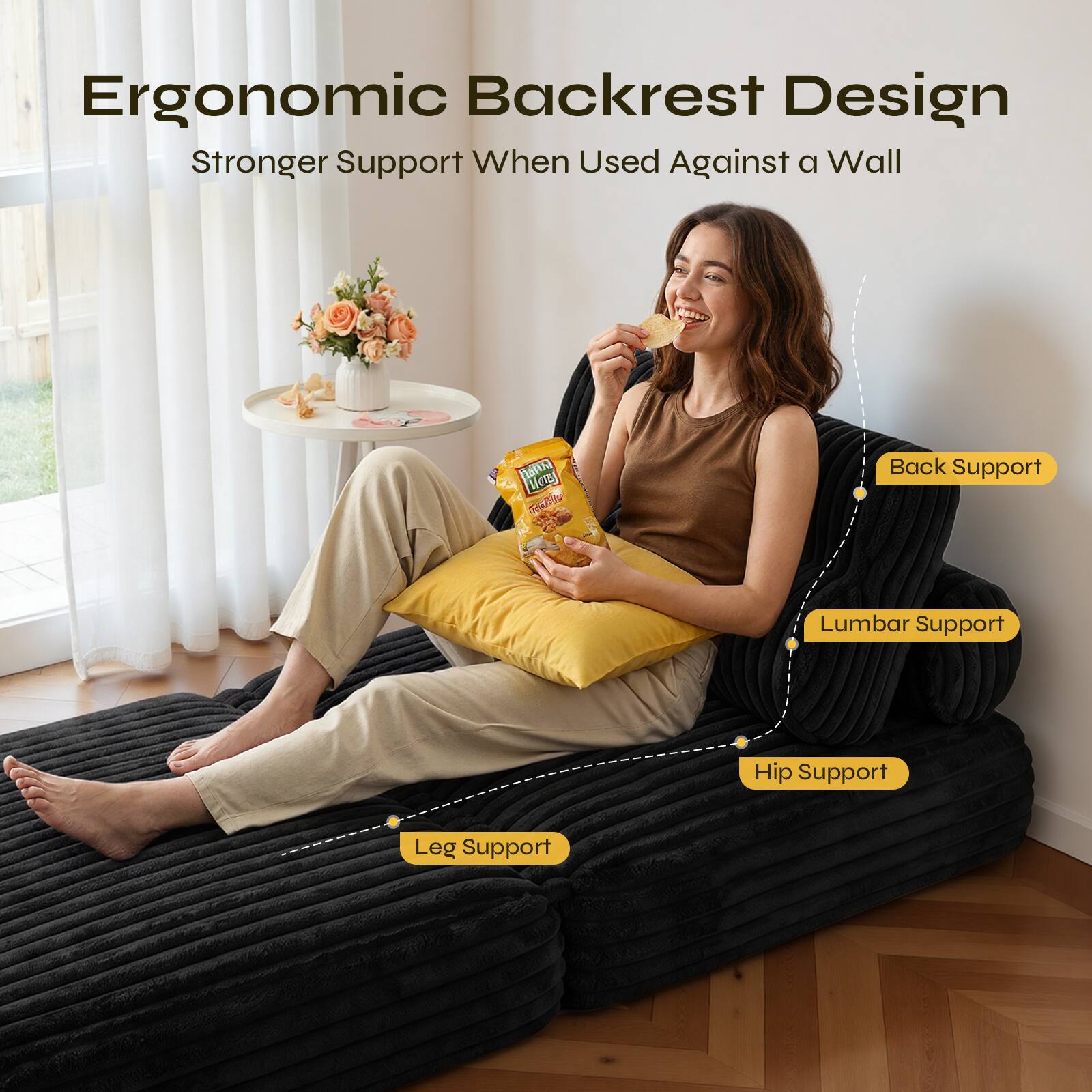 Ergonomic Backrest Design  
Stronger Support When Used Against a Wall  

- Back Support  
- Lumbar Support  
- Hip Support  
- Leg Support