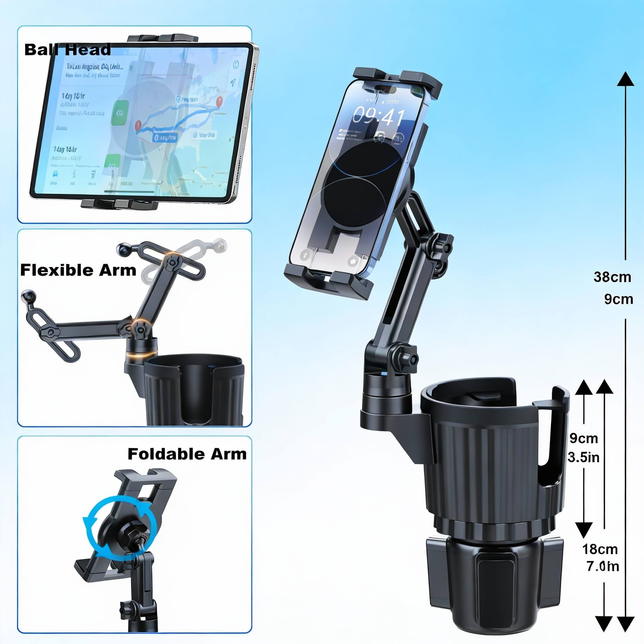 Ball Head Inia Angpis D Unit.  
- I o Bd Lr 6y16 10hr CAtes  
- han 3 a  
- Tty 1dir Lto NCT Tin  
- do 1  
- te lte 6 HU ra  
- 2o 09:41 d  
Flexible Arm 38cm  
9cm  
Foldable Arm 9cm  
3.5in  
18cm  
7.0m