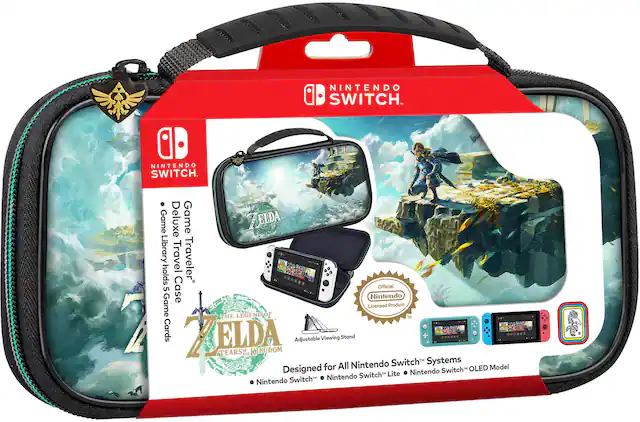 The image features a Nintendo Switch travel case, which is designed to hold all Nintendo Switch systems, including the Nintendo Switch OLED and Nintendo Switch Lite. The case also includes a Zelda game, a viewing stand, and a certificate of authenticity. The traveler's case is a licensed product and is suitable for carrying the Nintendo Switch and its accessories.