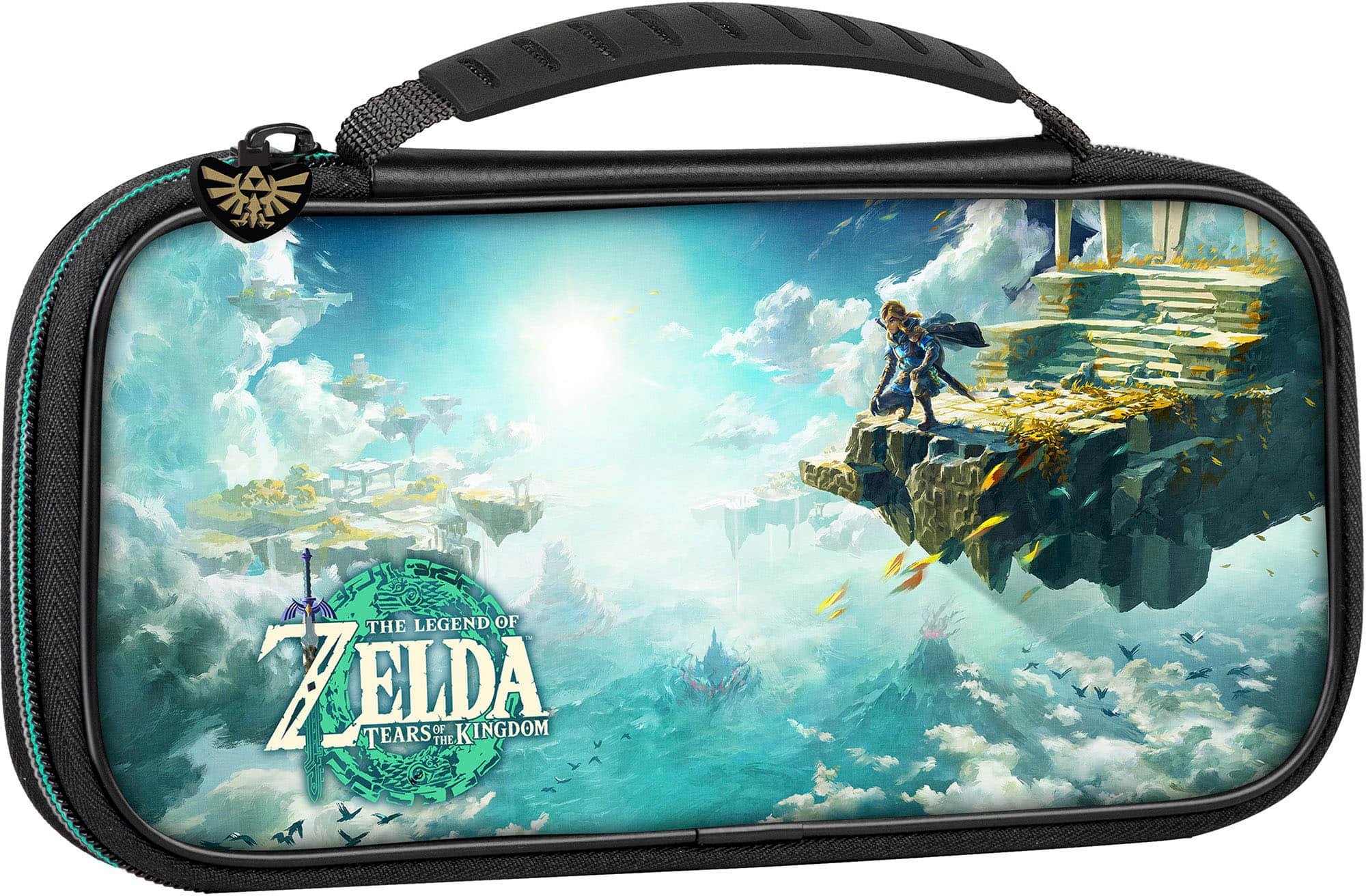 The Legend of Zelda: Tears of the Kingdom is the title of the game depicted on the black and blue bag. The bag features a scene from the game, with a person standing on a cliff overlooking the ocean. The bag is designed to resemble a video game case, making it a unique and eye-catching accessory for fans of the game.