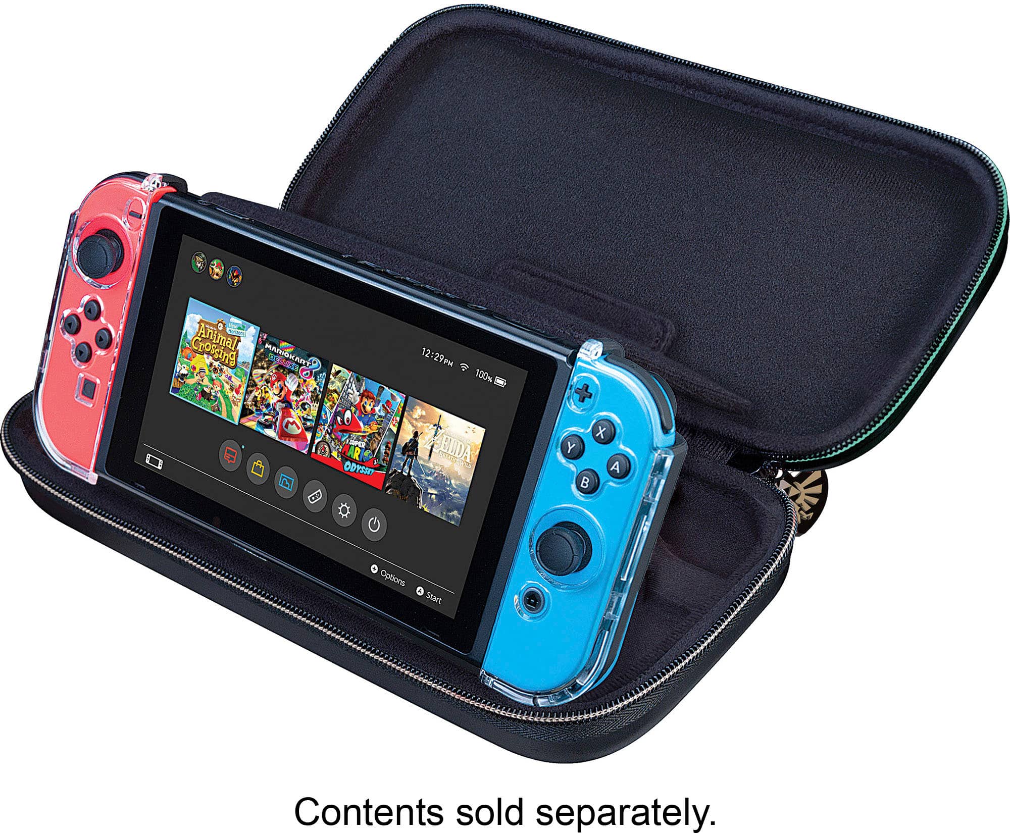 The image features a Nintendo Switch in a black case, with the screen displaying a variety of games. The case is designed to hold the Switch securely and protect it from damage. The games shown on the screen include titles such as "Crossing Animal," "Hargiar," "Cotsme," "ERDA," and "X Y." The case is open, revealing the Switch and its games.