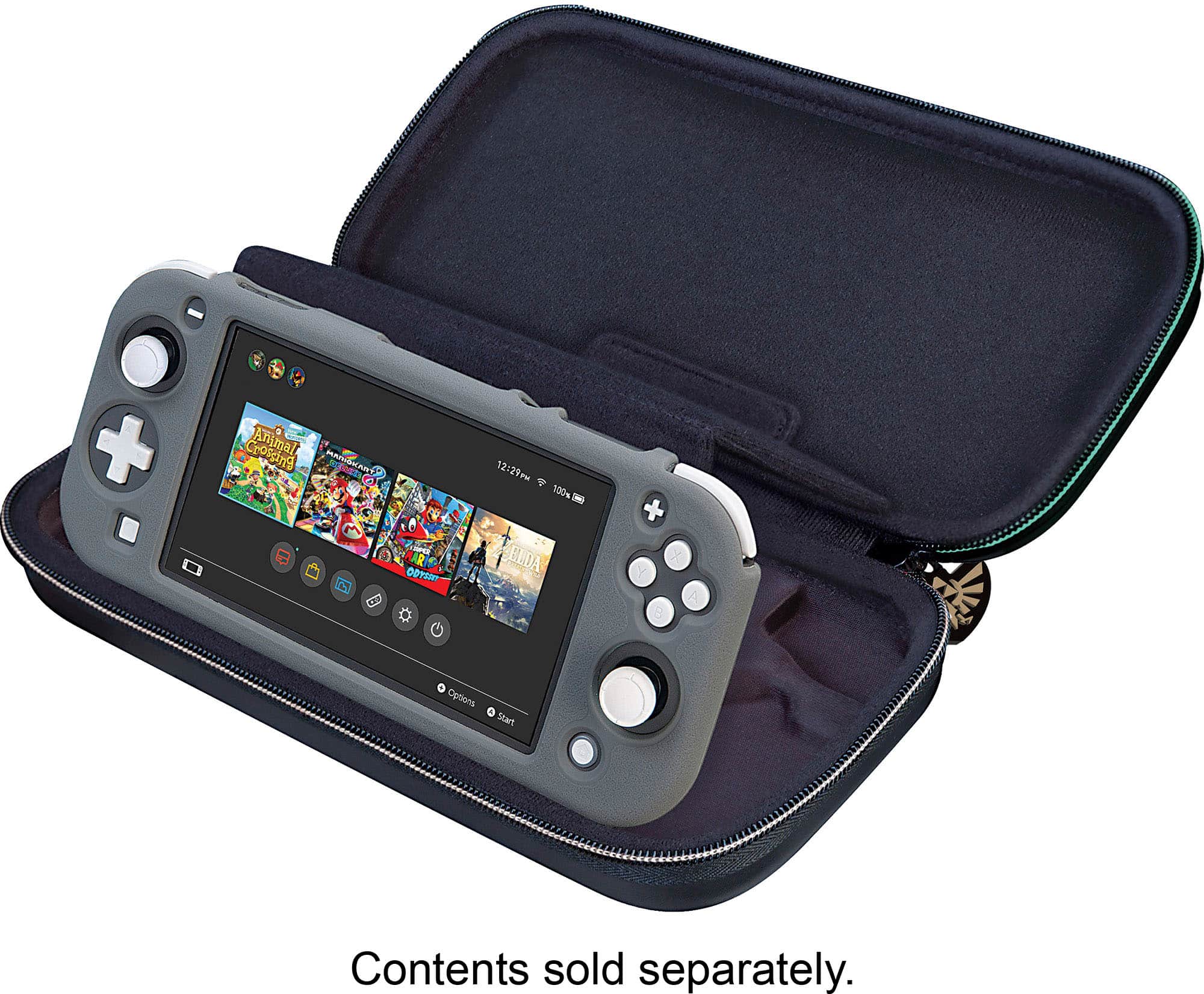The image features a Nintendo Wii game console with a blue case. Inside the case, there are several Wii games, including Mario Kart Wii and The Legend of Zelda: Twilight Princess. The case is designed to hold the Wii console and its accessories, providing a convenient way to transport and store the gaming system.