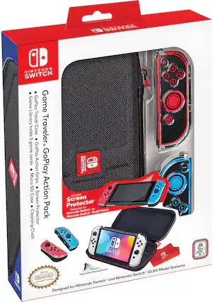 The image shows a Nintendo Switch game case and accessories. The case features a black pouch and a red and blue color scheme. Inside the case, there are multiple Nintendo Switch game cards, including a Game GoPlay card. The case also includes a cleaning cloth and a screen protector for the Nintendo Switch. The accessories are designed to work with the Nintendo Switch OLED model.