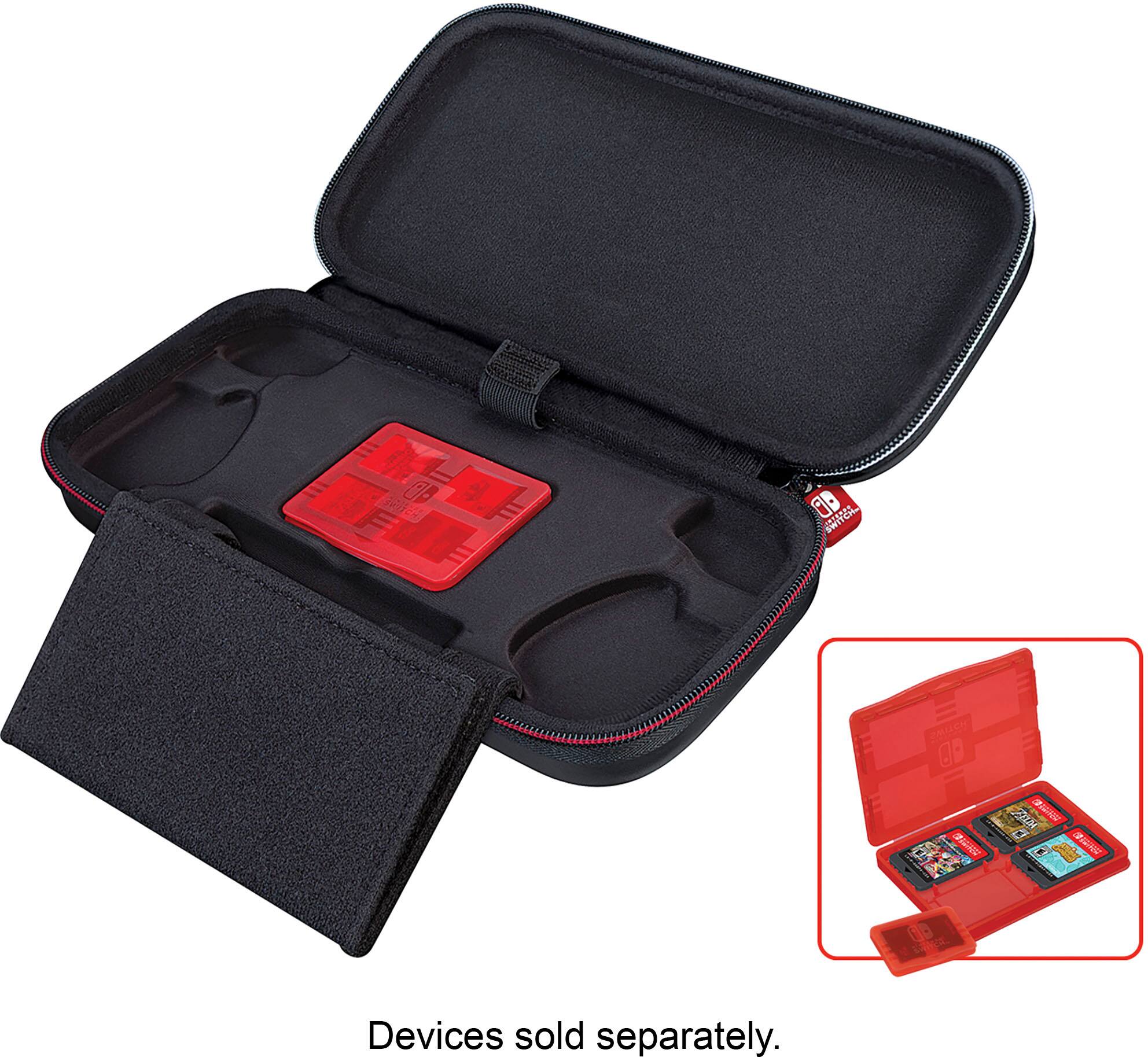The image features a Nintendo Switch game console placed inside a protective case. The case is designed to hold the Switch and its accessories, ensuring that they are safe and secure during transportation. The console is displayed on the left side of the image, while the case is open and occupies the majority of the right side.