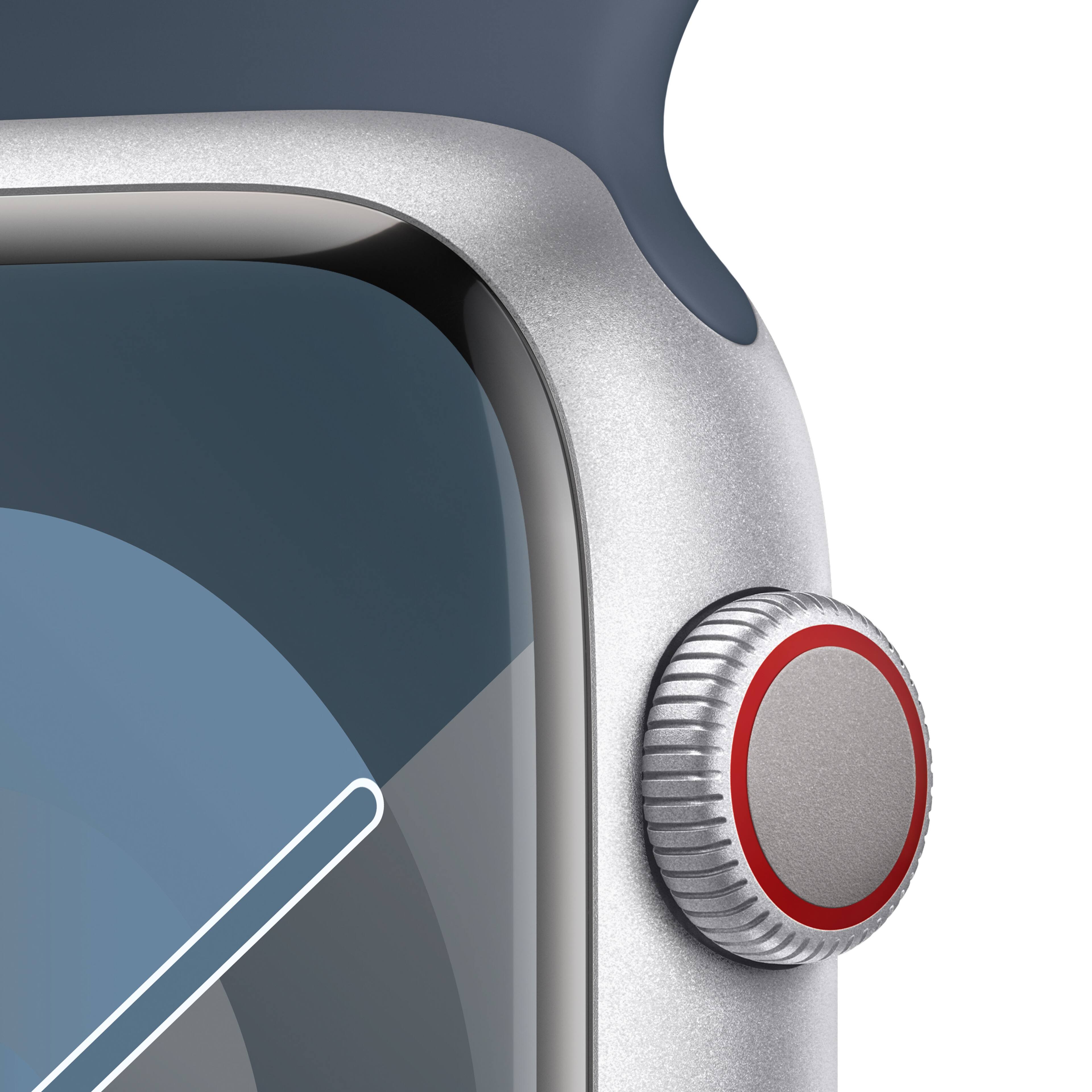 Alt View 12. Apple - Apple GS Cert Refurb Watch Series 9 GPS + Cell 45mm Silver Aluminum Case w Storm Blue Sport Band - S/M - Silver - 2023 - Silver.