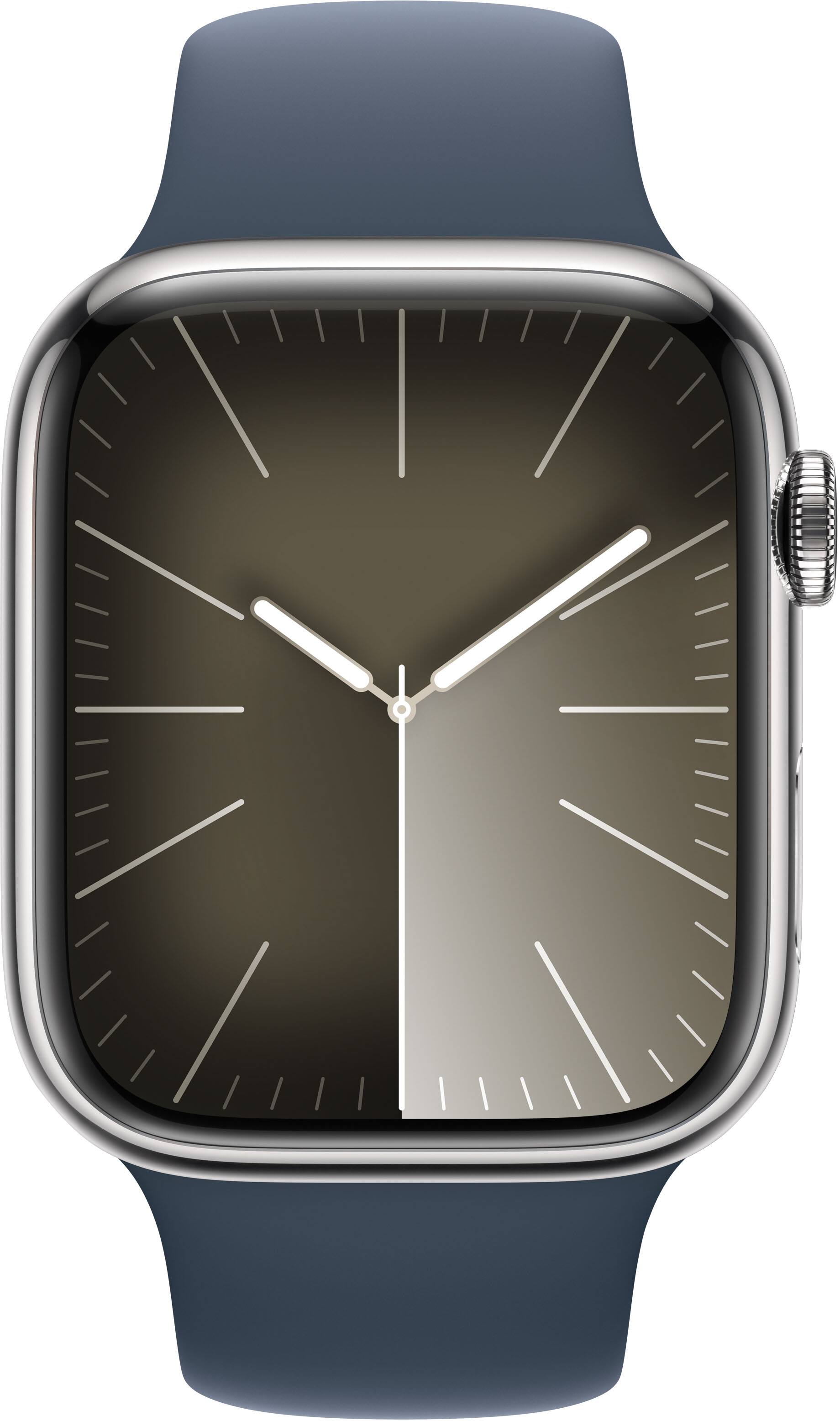 Angle. Apple - Apple Watch Series 9 (GPS + Cellular) 45mm Stainless Steel Case with Blue Sport Band - Silver.