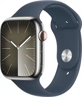 Geek Squad Refurbished Good - Apple Watch Series 9 (GPS + Cellular) 45mm Stainless Steel Case with Blue Sport Band - Silver (AT&T) - (2023)