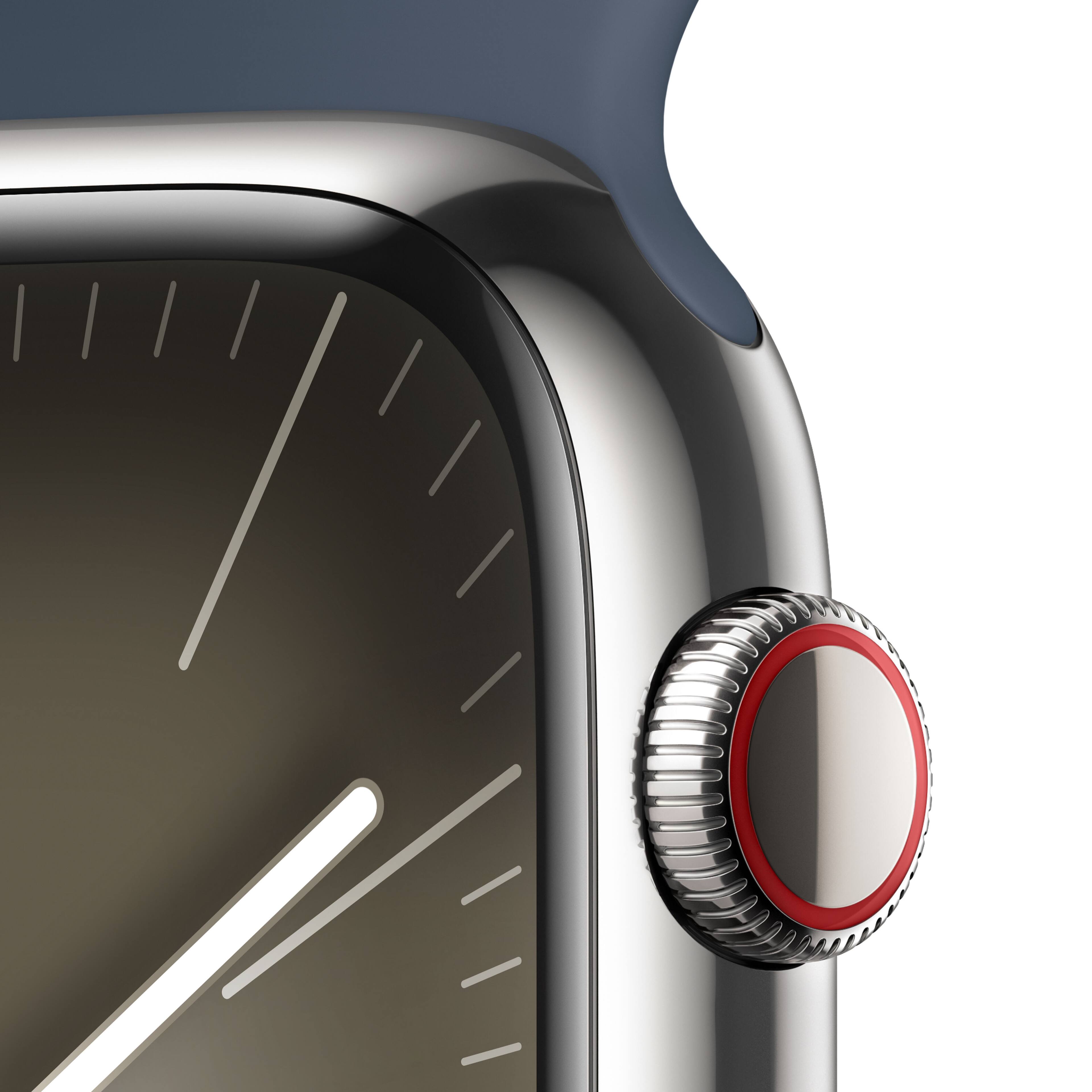 Alt View 12. Apple - Apple Watch Series 9 (GPS + Cellular) 45mm Stainless Steel Case with Blue Sport Band - Silver.