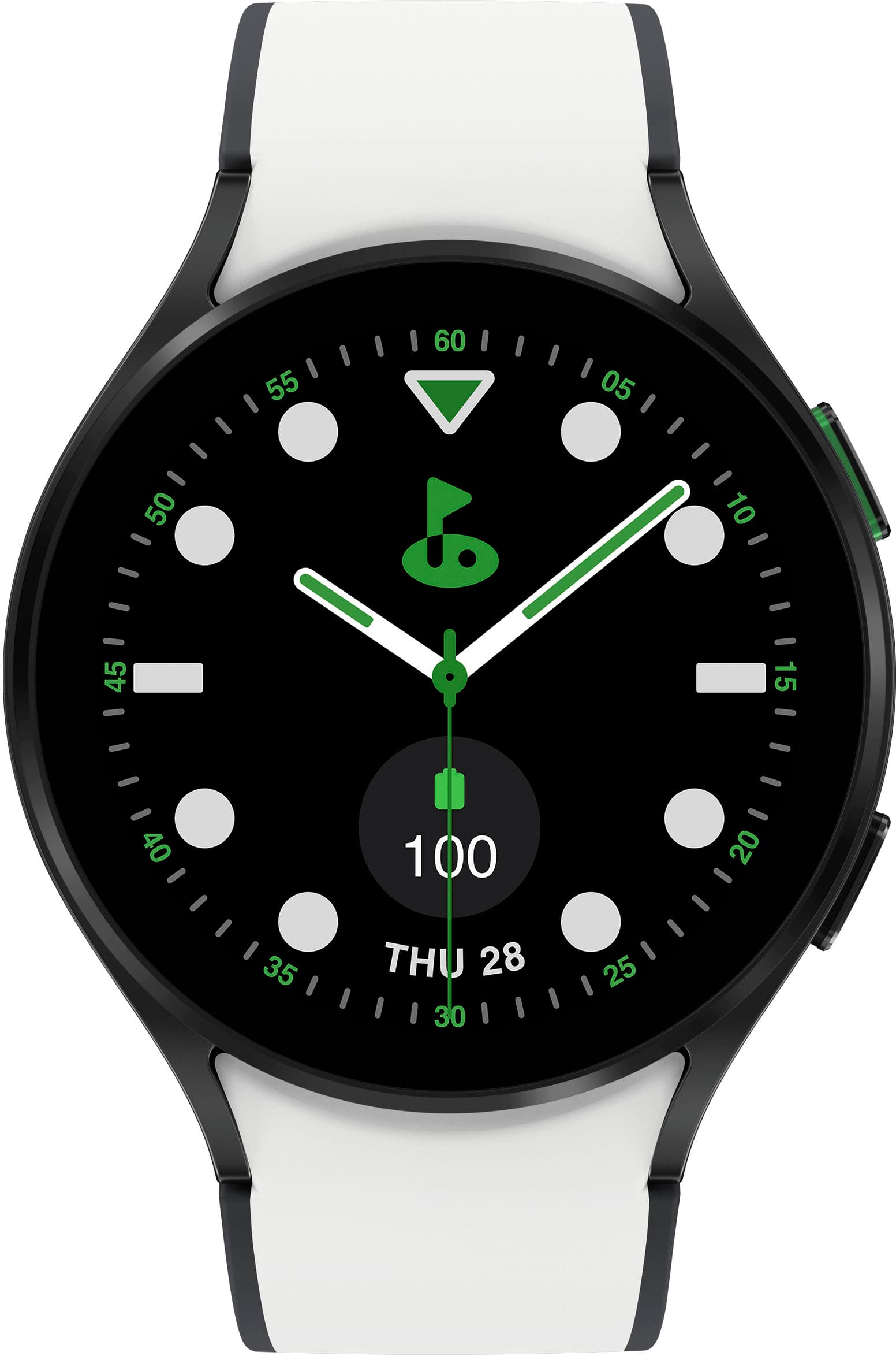 The watch face displays the time as 10:10. The watch is white and black, with a green triangle on the face. The watch is set to Thursday, the 28th.