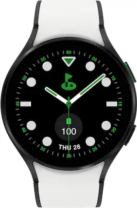 The watch face displays the time as 10:10. The watch is white and black, with a green triangle on the face. The watch is set to Thursday, the 28th.