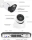 The image displays a video surveillance system, which includes a camera, a microphone, and a weatherproof casing. The camera has a wide-angle view and features a color video image sensor, a true detect PIR heat and motion sensor, and a microphone. The system is designed for easy mounting on a flat surface and has various ports, such as VGA, USB, and HDMI, for connecting to different devices. The weatherproof casing ensures that the system is protected from the elements, and the clear night vision allows for visibility up to 130 feet.