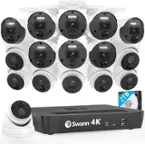 The image features a collection of Swann 4K cameras and a 2TB Swann 4K PWR HDD. The cameras are arranged in a neat row, with a total of 12 cameras visible in the image. The 2TB Swann 4K PWR HDD is placed next to the cameras, indicating that it is used for recording and storing footage from the cameras.