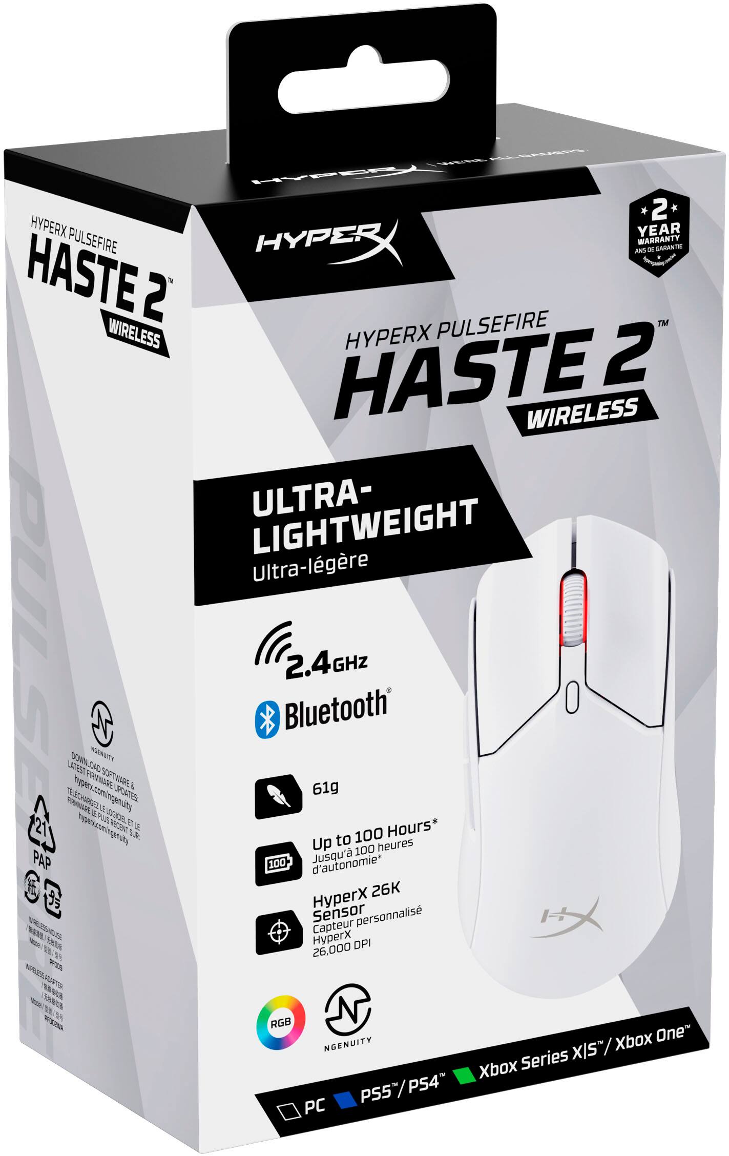 Alt View 17. HyperX - Pulsefire Haste 2 Lightweight Wireless Optical Gaming Mouse with RGB Lighting - White.