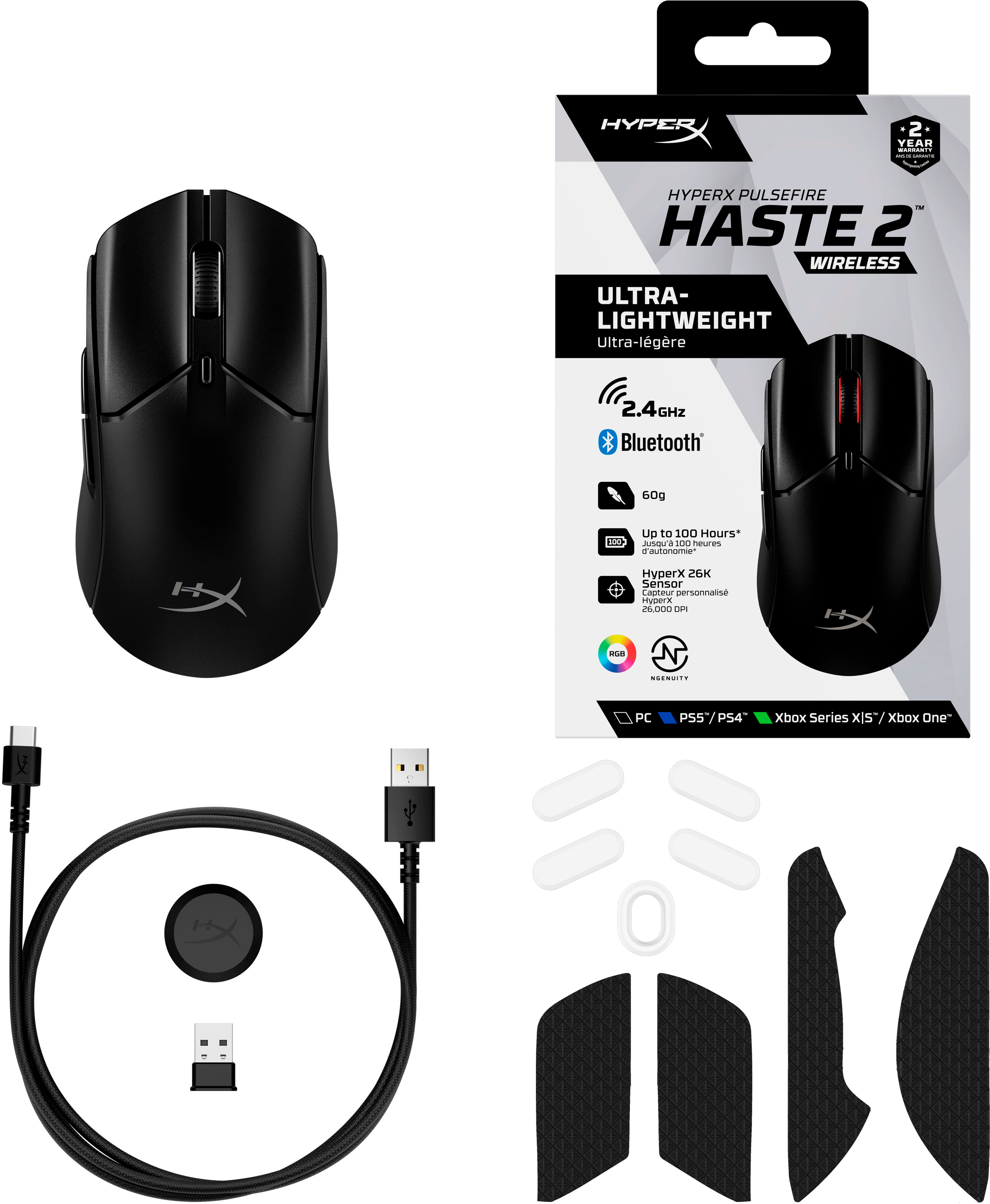 HyperX Pulsefire Haste 2 – Wireless Gaming Mouse- Ultra Lightweight, 61g,  100 Hour Battery Life, Dual Wireless Connectivity, Precision Sensor - Black