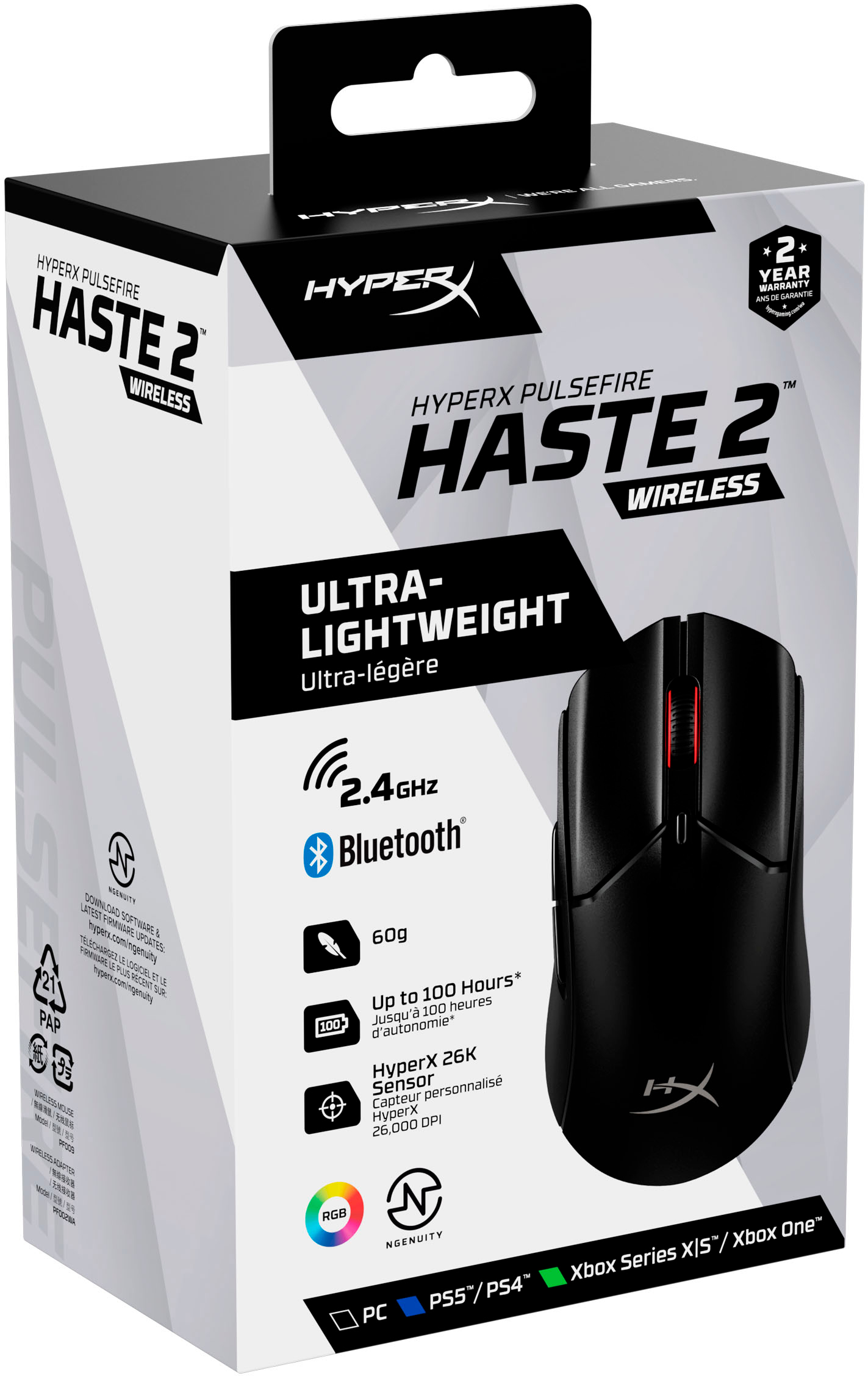 Souris gaming sans fil HyperX Pulsefire Haste 2 pour PC PS5 PS4 et