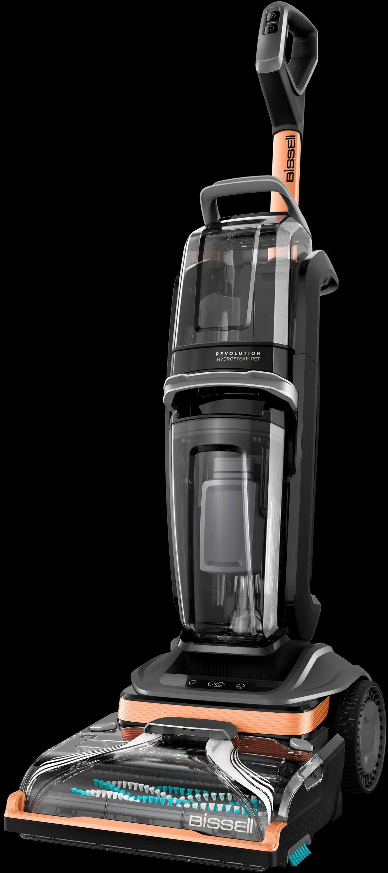 The image features a Bissell steam and deep cleaner, which is a type of vacuum cleaner designed to clean carpets and other surfaces. The cleaner is black and orange in color, and it has a hose attached to it. The hose is connected to the main body of the cleaner, which is placed on the floor. The Bissell cleaner is known for its powerful suction and ability to remove dirt and stains from various surfaces, making it a popular choice for homeowners and professionals alike.