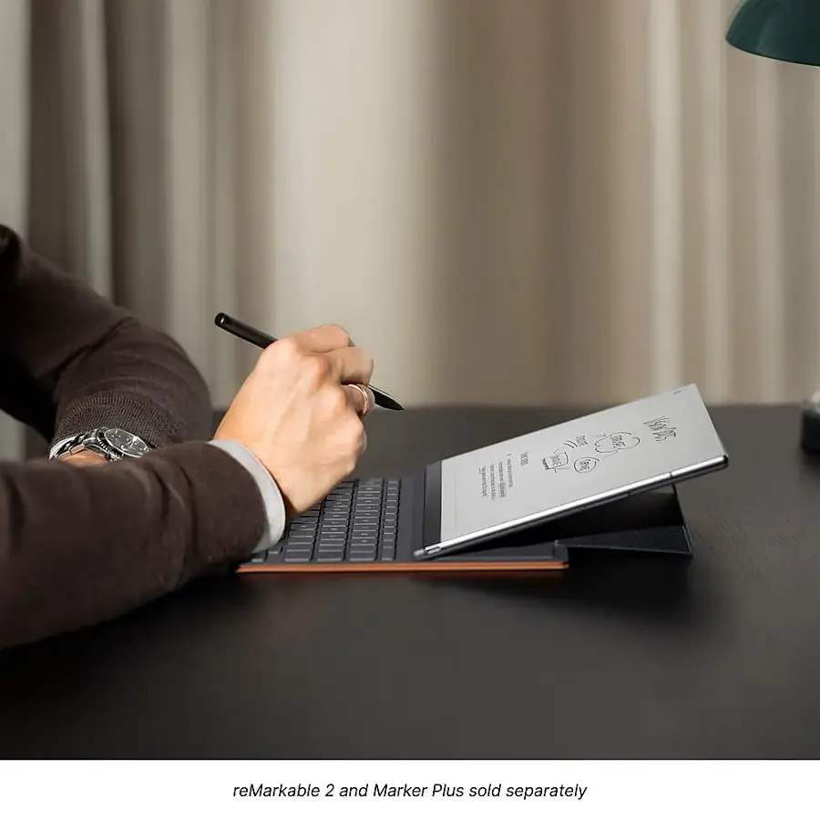 The text on the image reads "reMarkable 2 and Marker Plus sold separately." This indicates that the reMarkable 2 and Marker Plus are not included in the package and must be purchased separately.