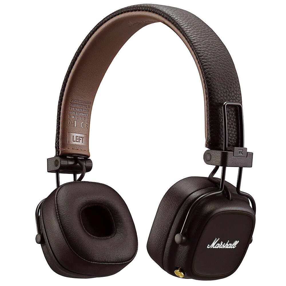 The image features a pair of black headphones with brown accents, likely made by Marshall. The headphones are designed for over-the-ear use and have a leather-like appearance. The headphones are positioned side by side, with one earpiece on the left and the other on the right. The headphones are likely intended for listening to music or other audio content, providing a comfortable and stylish experience for the user.
