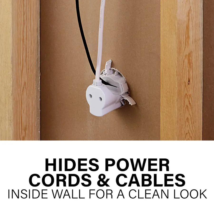 Hides power cords and cables inside wall for a clean look.