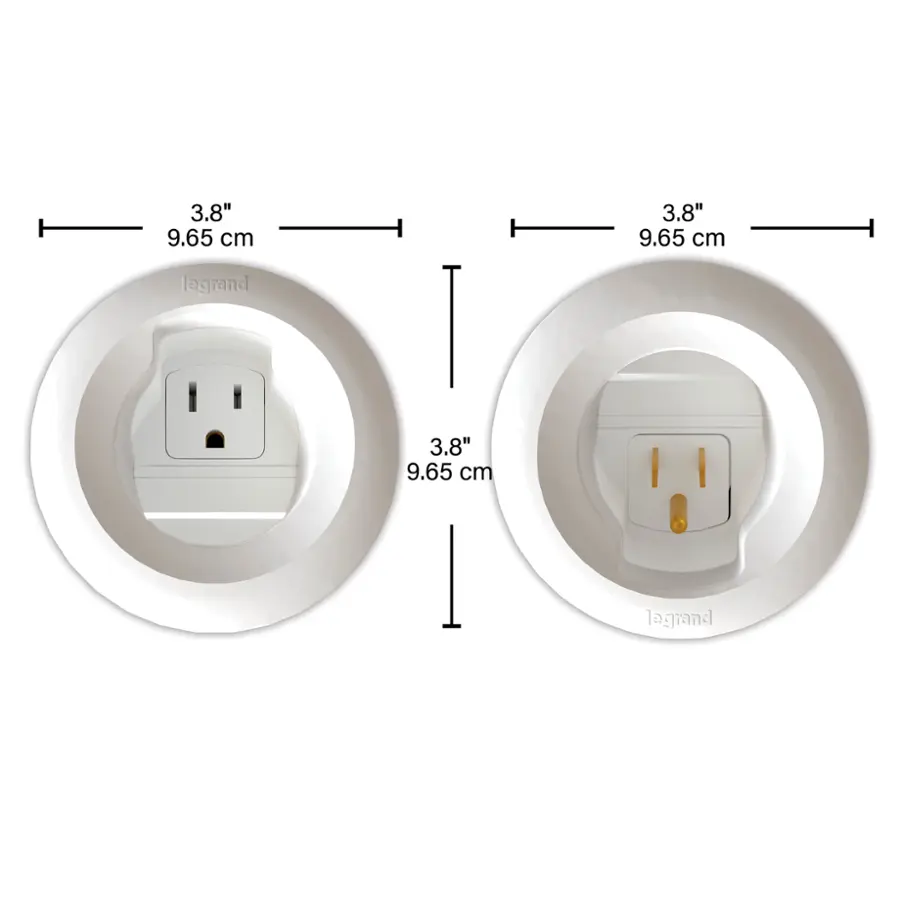 The text on the image reads "3.8" 9.65 cm 3.8" 9.65 cm legrand." This indicates that the image features two white plugs with a measurement of 3.8 inches (9.65 cm) in diameter. The brand name "Legrand" is also present, suggesting that the plugs are made by this company.