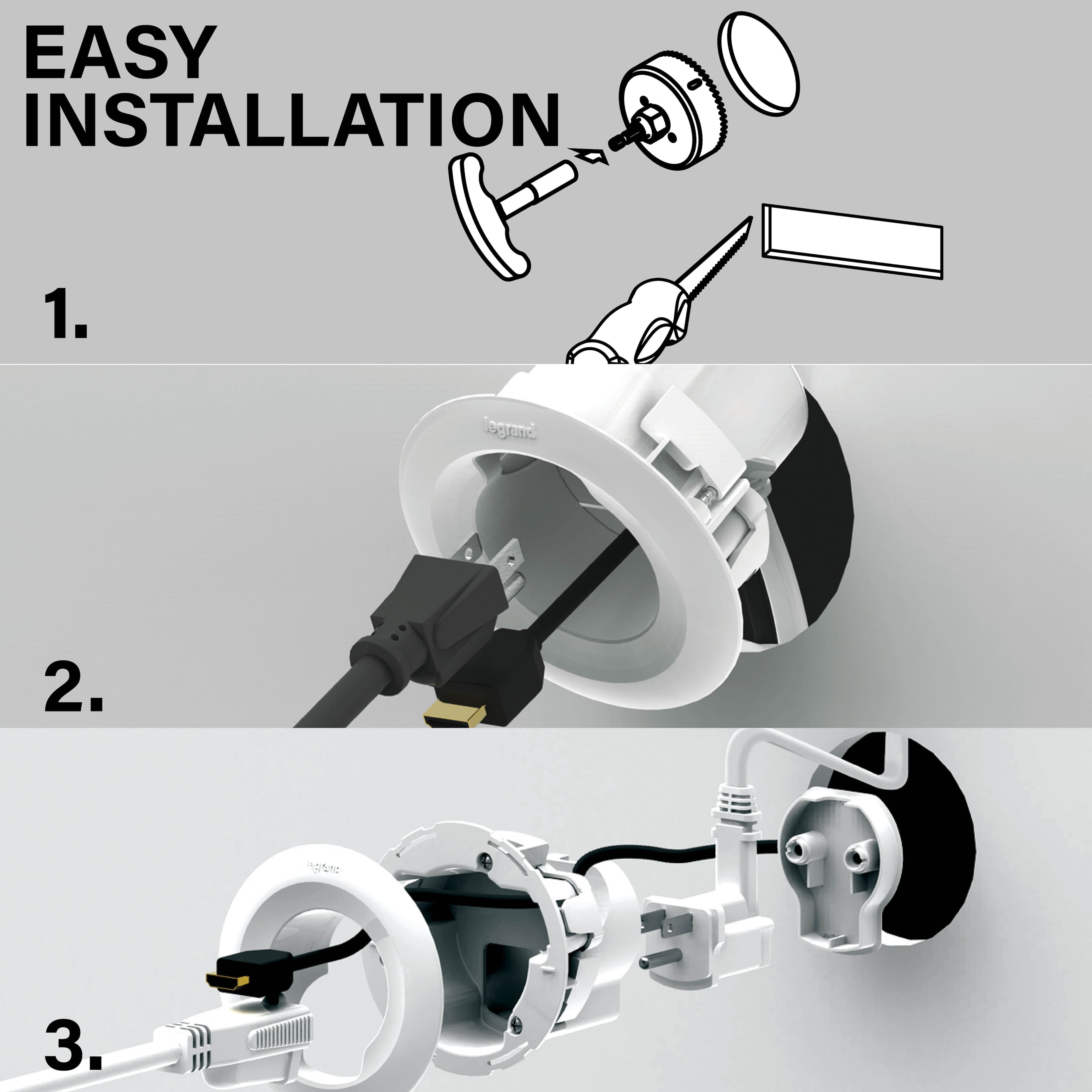 Easy Installation 1. Plugging in the power cord 2. Connecting the wires 3. Installing the speaker