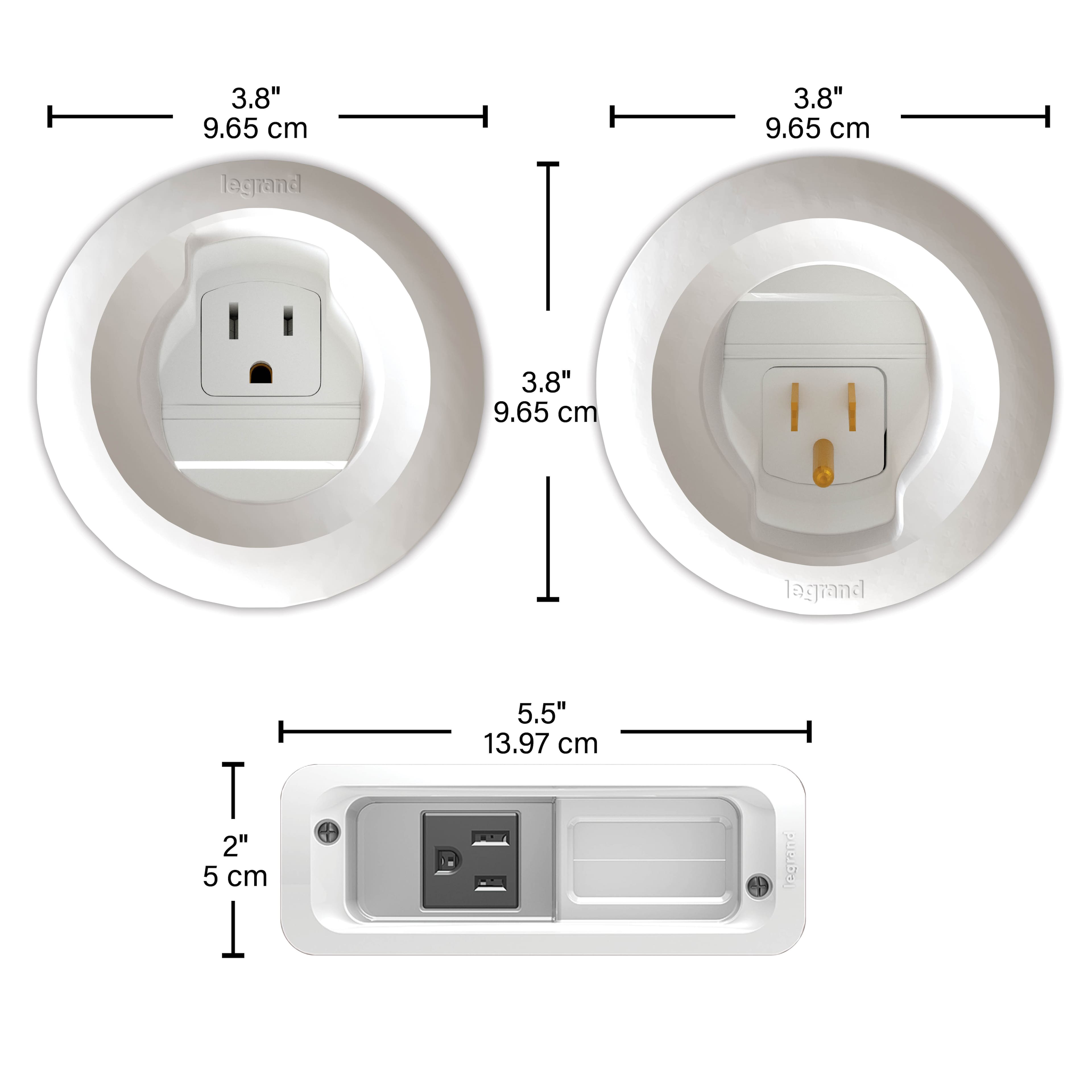 The image shows a white plug with a yellow plug on the right side. The plug on the left has a face drawn on it, while the one on the right has a smiley face. The image also includes a measurement of 3.8" (9.65 cm) for both plugs. The text "lagrand" is present in the image, but it is unclear what it refers to.
