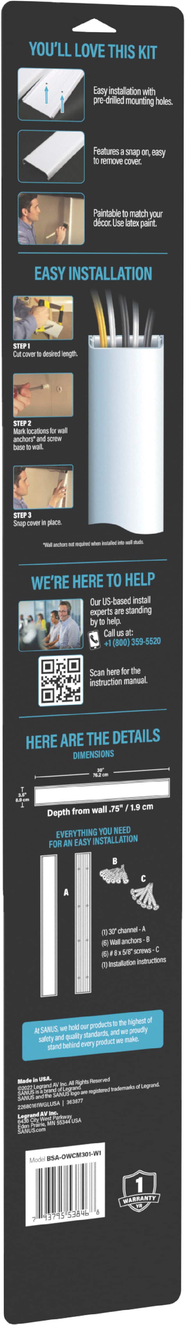 Alt View 16. Sanus - On-Wall Cable Concealer Kit for Mounted TVs - Holds Up to 5 Cables - White.