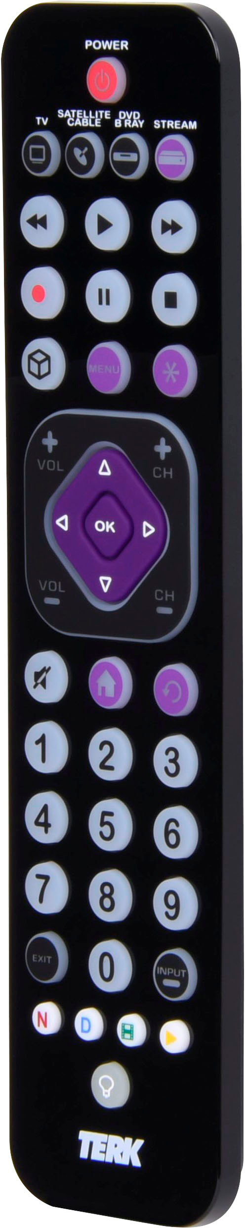 Left View: TERK - Rechargeable 4-Device Backlit Universal Remote - Black
