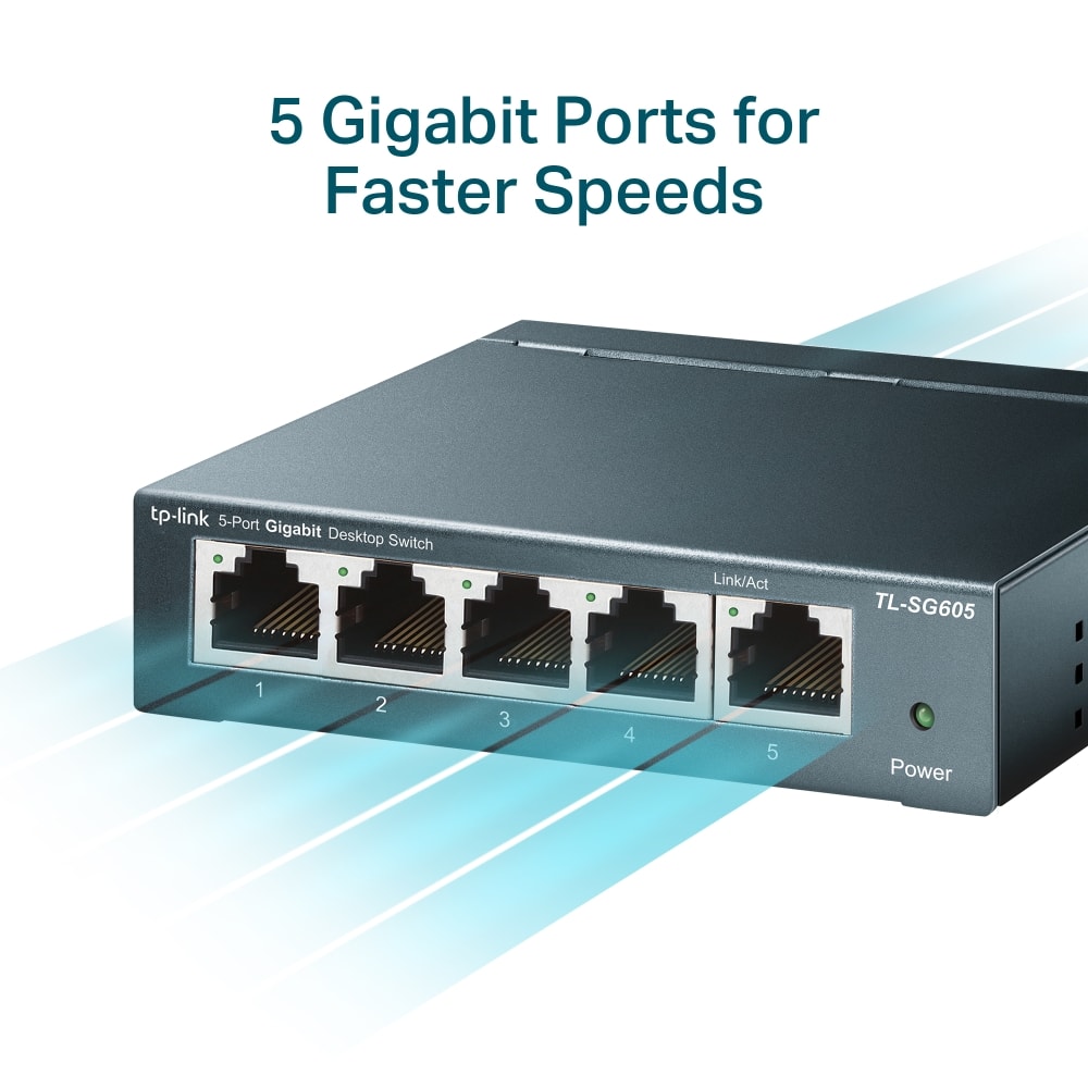 5 Gigabit Ports for Faster Speeds tp-link 5-Port Gigabit Desktop Switch TL-SG605 1 2 3 4 5 Power