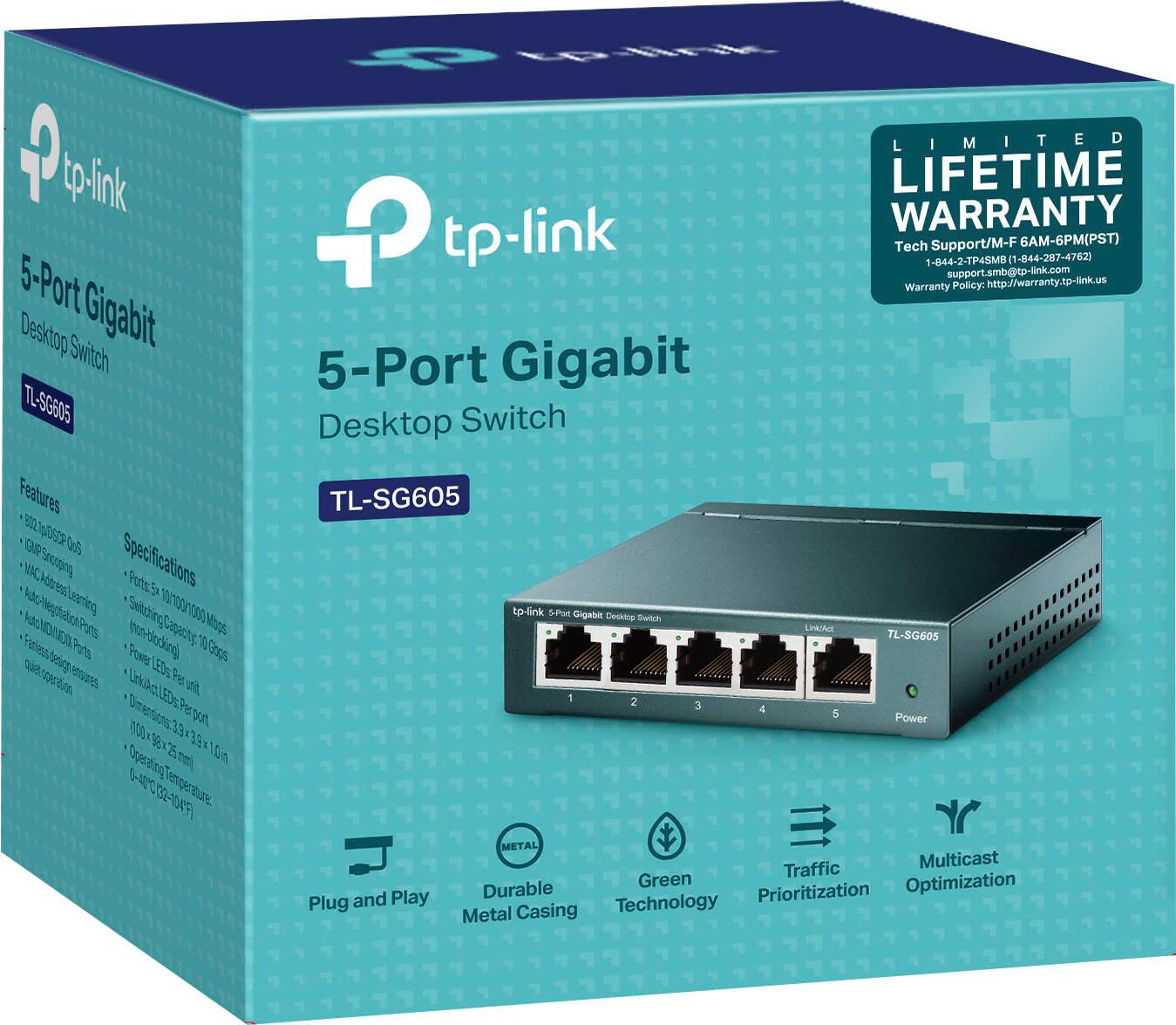 The text on the image is already grouped and corrected. It reads:

"TP-LINK 5-Port Desktop Switch Gigabit TZ-S6605 Feature 800 Mbps Adtress Spesspng Specifications Potetx ia Ad-HgghtatonPa ceating Switching 30/100/1000 000 Adc Ports Mioss NDMEIA Inan-bloding Sopestg N Parts Power Cors qe gaiet LEDS s Fer s EDg P pot 000-98x25 mml 2 Operalng Tenperature 640 52-104F) LO.RAK Mad LIMITED LIFETIME WARRANTY tp-link Tech 1-844-2-TP4SMB Support/M-F 1 -844-287-4762) 6AM-6PM(PST) support.smb@tp-link.com Warranty Policy: <http://warranty.tp-link.us> 5-Port Gigabit Desktop Switch TL-SG605 tp-link S-Pu Gigabit Desking Swrich LinkAc TL-SG605 1 2 3 4 e Power METAL Traffic Multicast Green Optimization and Play Durable Prioritization Plug Metal Casing Technology."