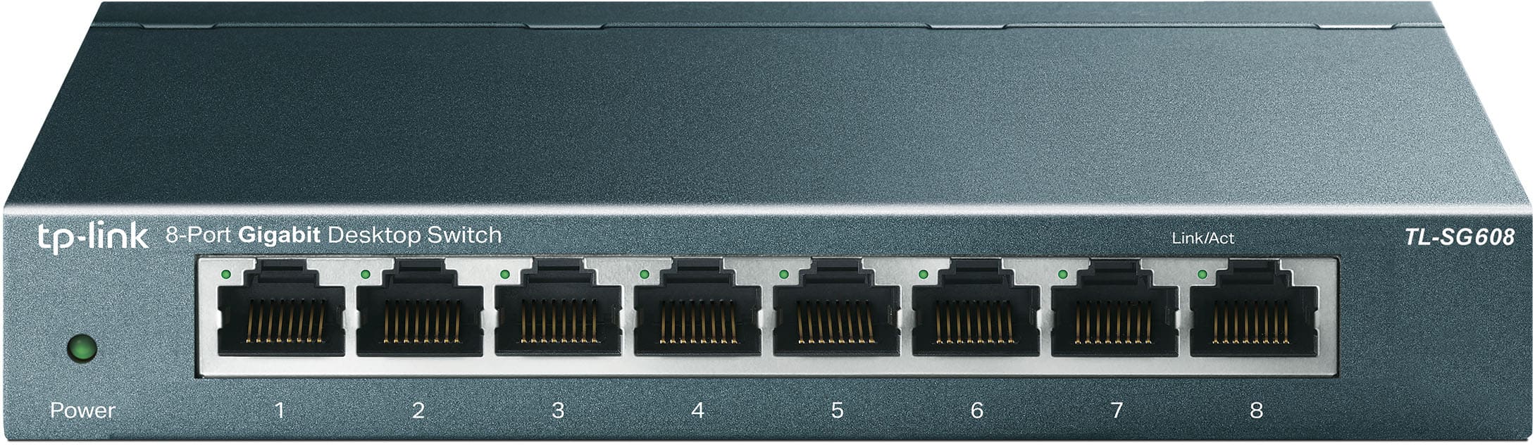 The image shows a TP-Link 8-Port Gigabit Desktop Switch. The switch has eight ports, labeled 1 through 8, and is designed for use with desktop computers. It is a high-speed device that can handle Gigabit Ethernet connections, providing fast and reliable data transfer. The switch is designed to be easy to use and is suitable for both home and office environments.