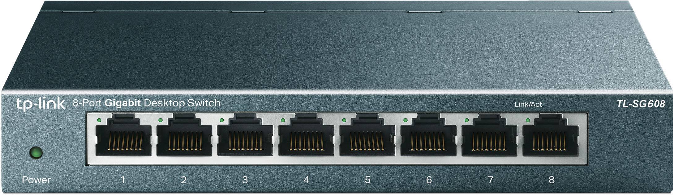 The image shows a TP-Link 8-Port Gigabit Desktop Switch. The switch has eight ports, labeled 1 through 8, and is designed for use with desktop computers. It is a high-speed device that can handle Gigabit Ethernet connections, providing fast and reliable data transfer. The switch is designed to be easy to use and is suitable for both home and office environments.