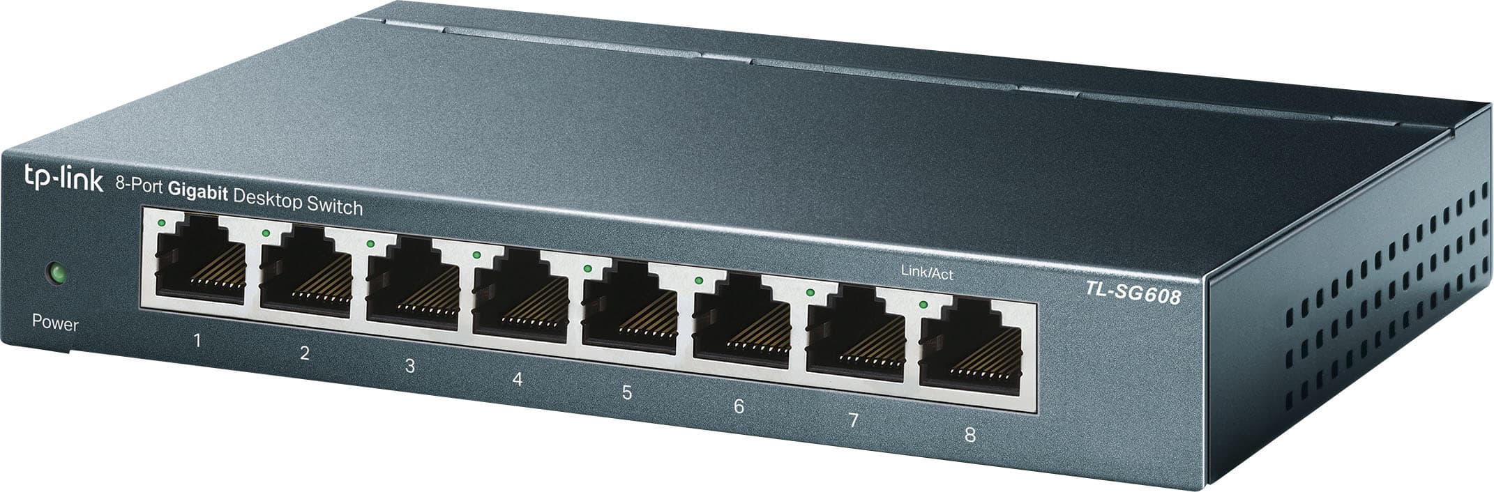 The text on the image reads "TP-Link 8-Port Gigabit Desktop Switch Power 1 2 3 4 - 5 I 6 7 Link/Act 8 TL-SG608." This text is grouped and corrected as follows:
"TP-Link 8-Port Gigabit Desktop Switch Power 1 2 3 4 - 5 I 6 7 Link/Act 8 TL-SG608."