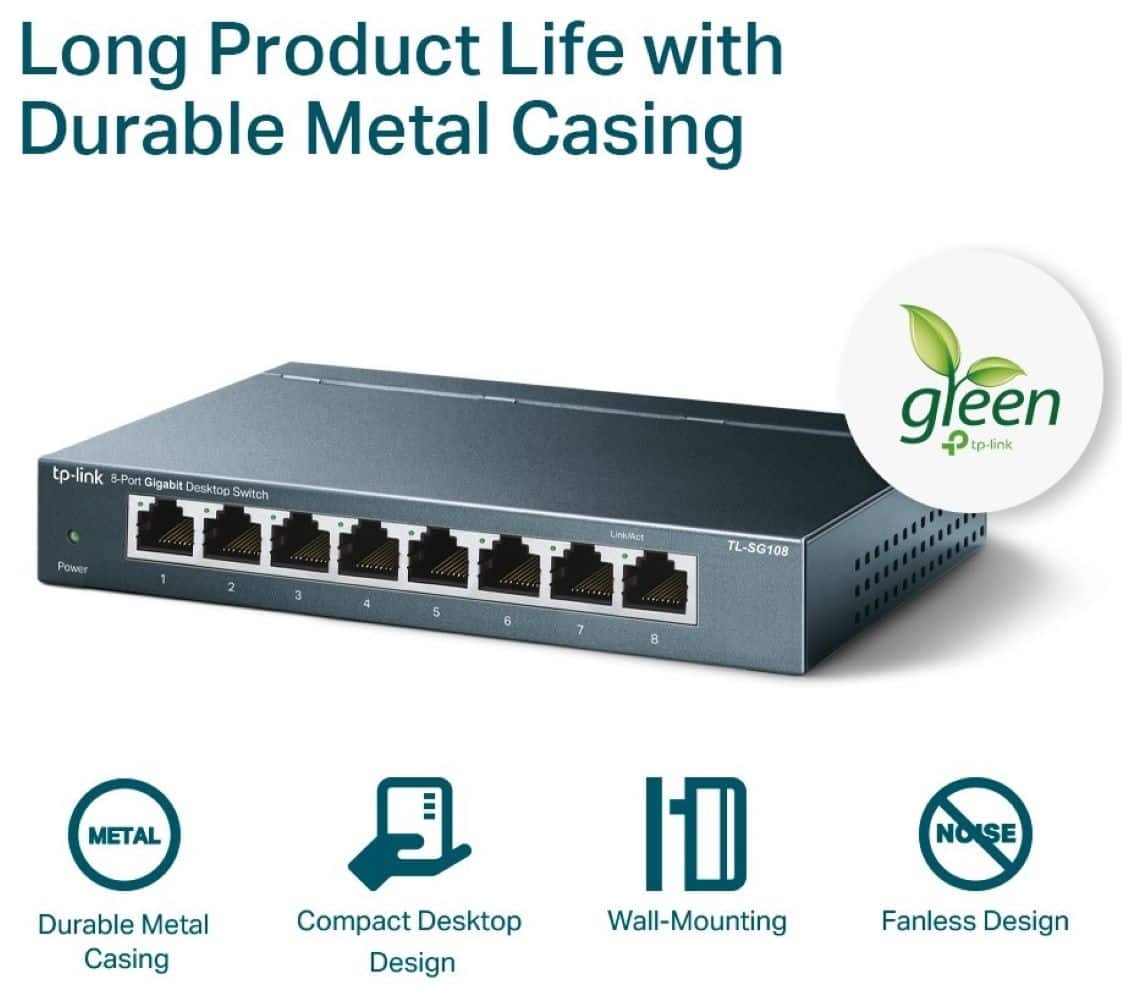 Long Product Life with Durable Metal Casing: TP-Link 8-Port Gigabit Desktop Switch. Power 1 2 3 4 5 6 7 LinkAet 8 TP-LINK METAL Durable Metal Casing Compact Desktop Design Wall-Mounting NOISE Fanless Design.
