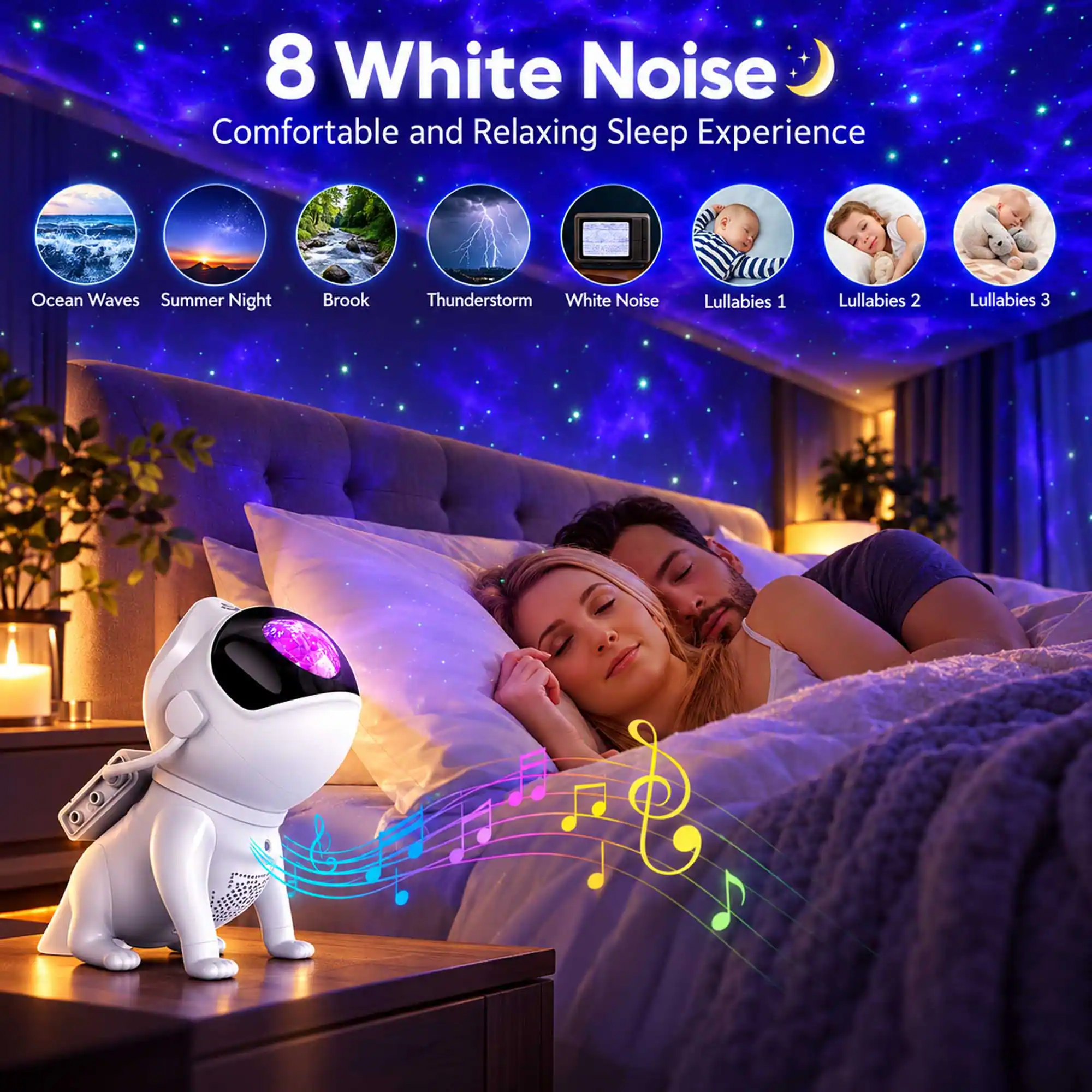 8 White Noise  
Comfortable and Relaxing Sleep Experience  
Ocean Waves  
Summer Night  
Brook  
Thunderstorm  
White Noise  
Lullabies 1  
Lullabies 2  
Lullabies 3