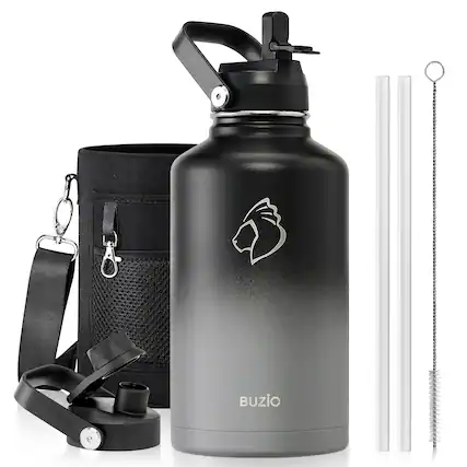 Front. Buzio - Duet Series - 64oz Insulated Water Bottle with Straw Lid and Spout Lid & Carrying Sleeve - Shadow.